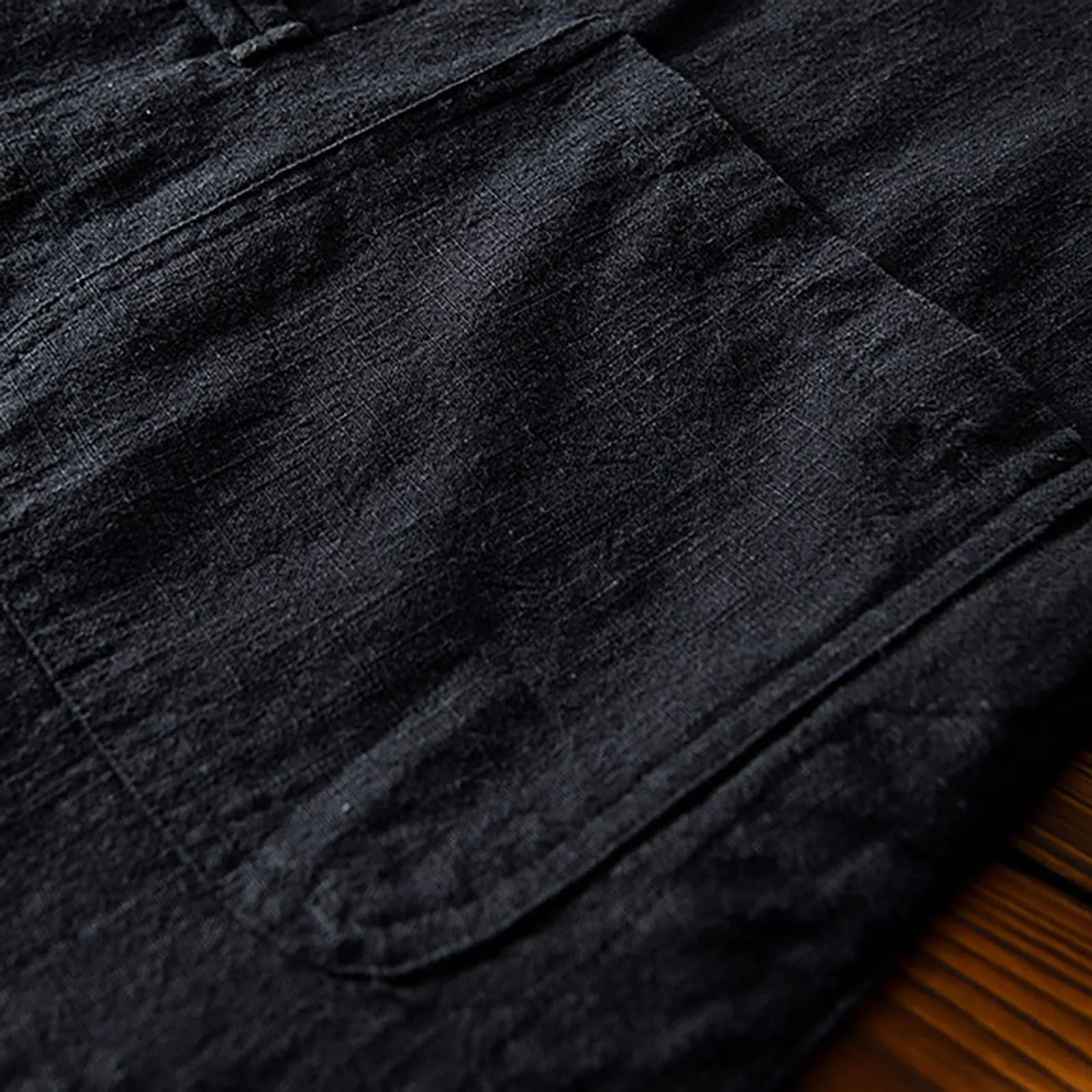Generico Camicia Flanella Uomo Camicia Lino Coreana Colletto Manica Corta Tradizionale Asiatica Casual Traspirante Ampia vestibilità (Black, L) - immagine 3