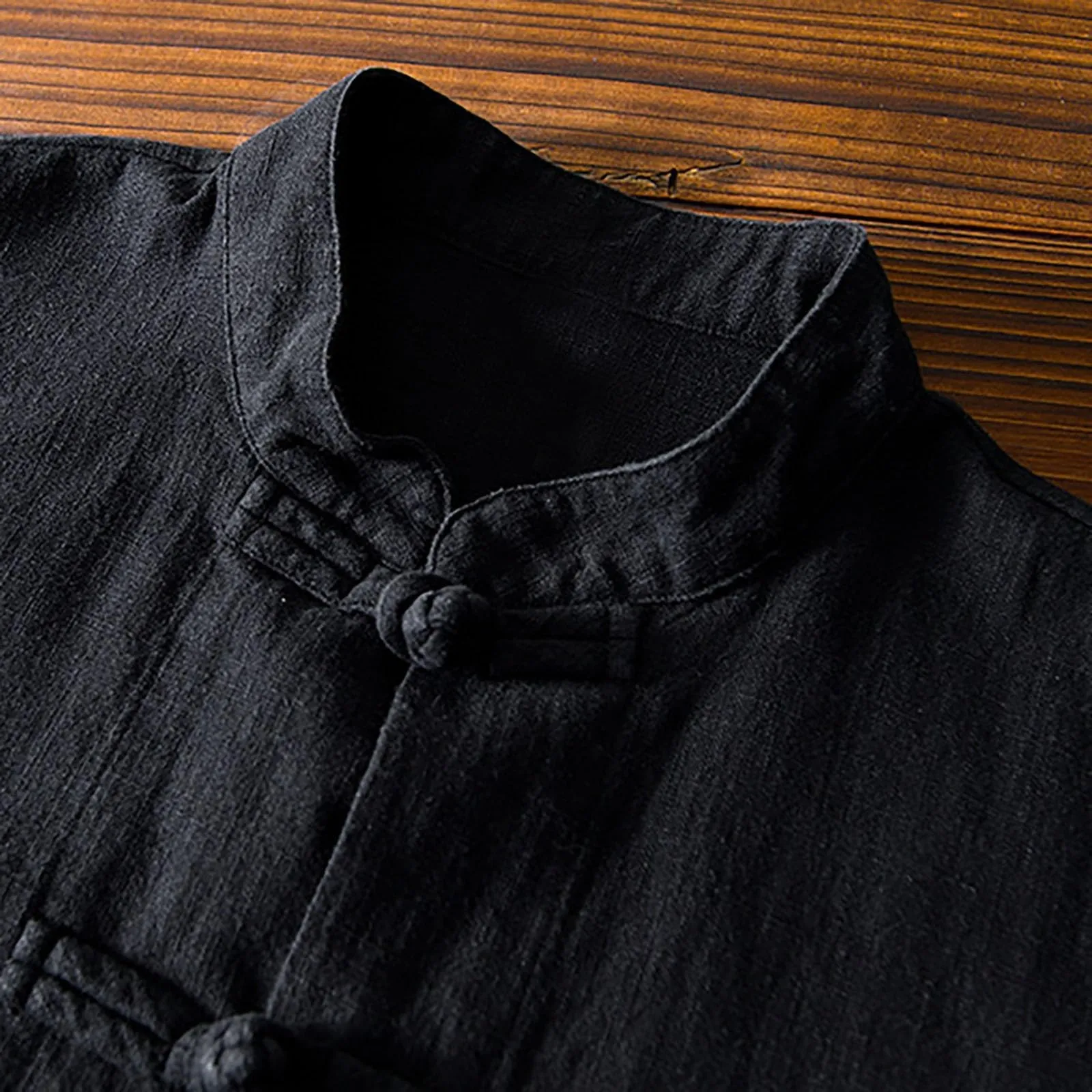 Generico Camicia Flanella Uomo Camicia Lino Coreana Colletto Manica Corta Tradizionale Asiatica Casual Traspirante Ampia vestibilità (Black, L) - immagine 4