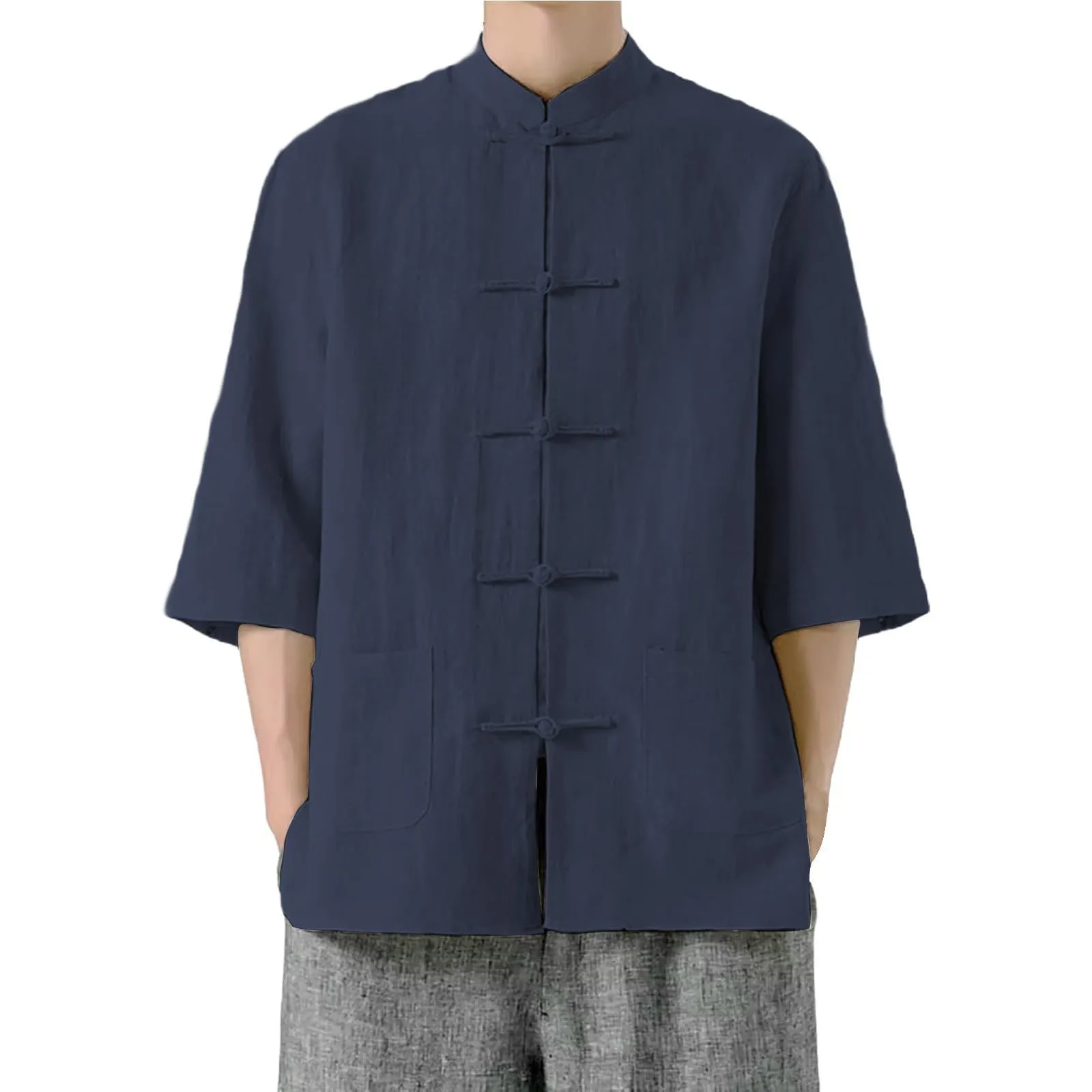 Generico Camicia Uomo Lino Camicia Lino Coreana Colletto Manica Corta Tradizionale Asiatica Casual Traspirante Ampia vestibilità (Navy, XL) - immagine 1