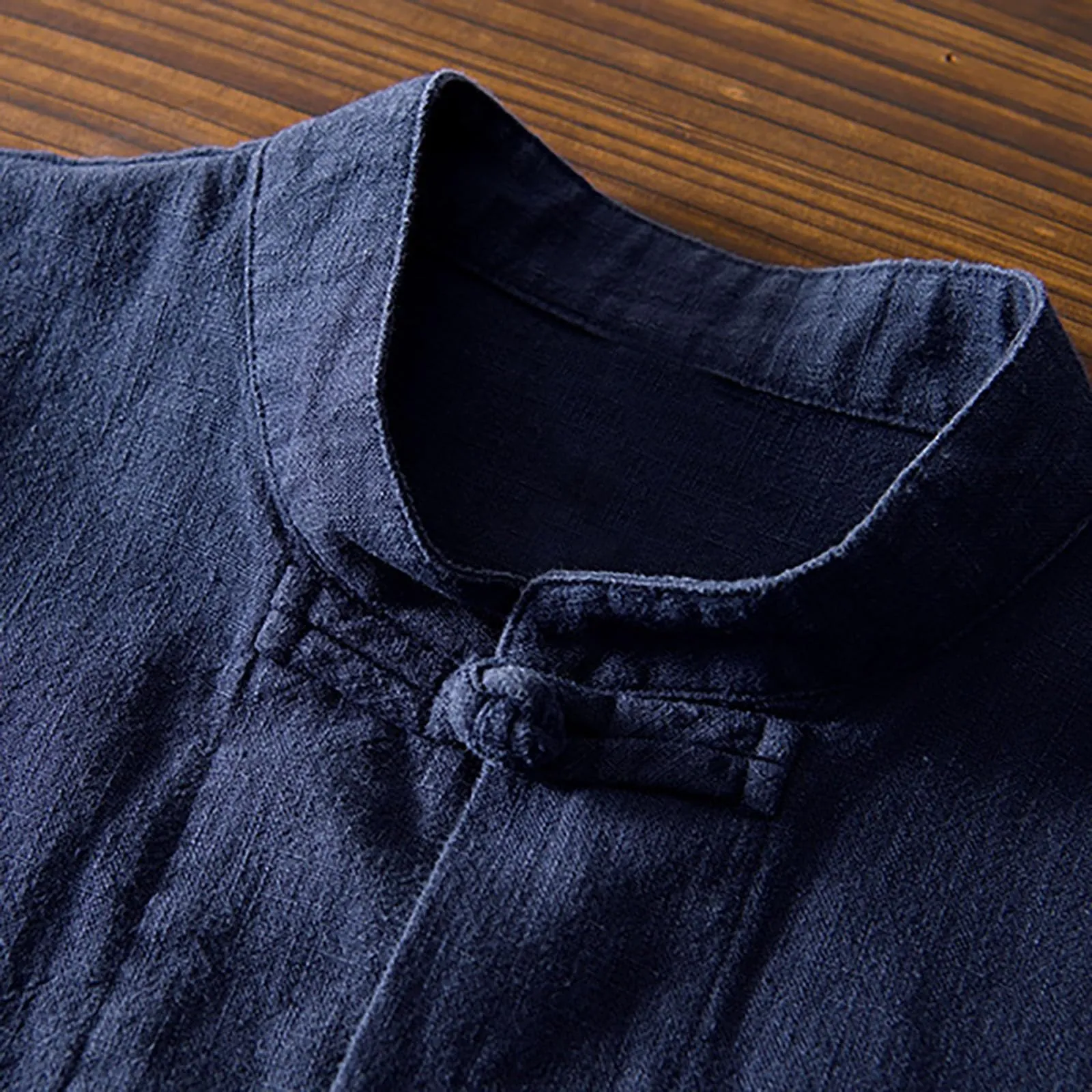 Generico Camicia Uomo Lino Camicia Lino Coreana Colletto Manica Corta Tradizionale Asiatica Casual Traspirante Ampia vestibilità (Navy, XL) - immagine 2