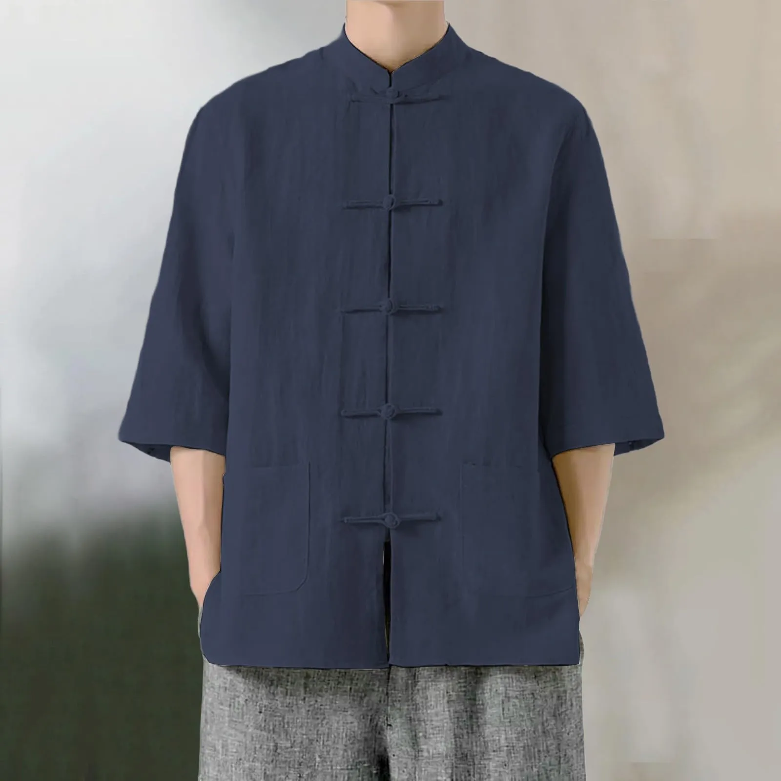 Generico Camicia Uomo Lino Camicia Lino Coreana Colletto Manica Corta Tradizionale Asiatica Casual Traspirante Ampia vestibilità (Navy, XL) - immagine 3