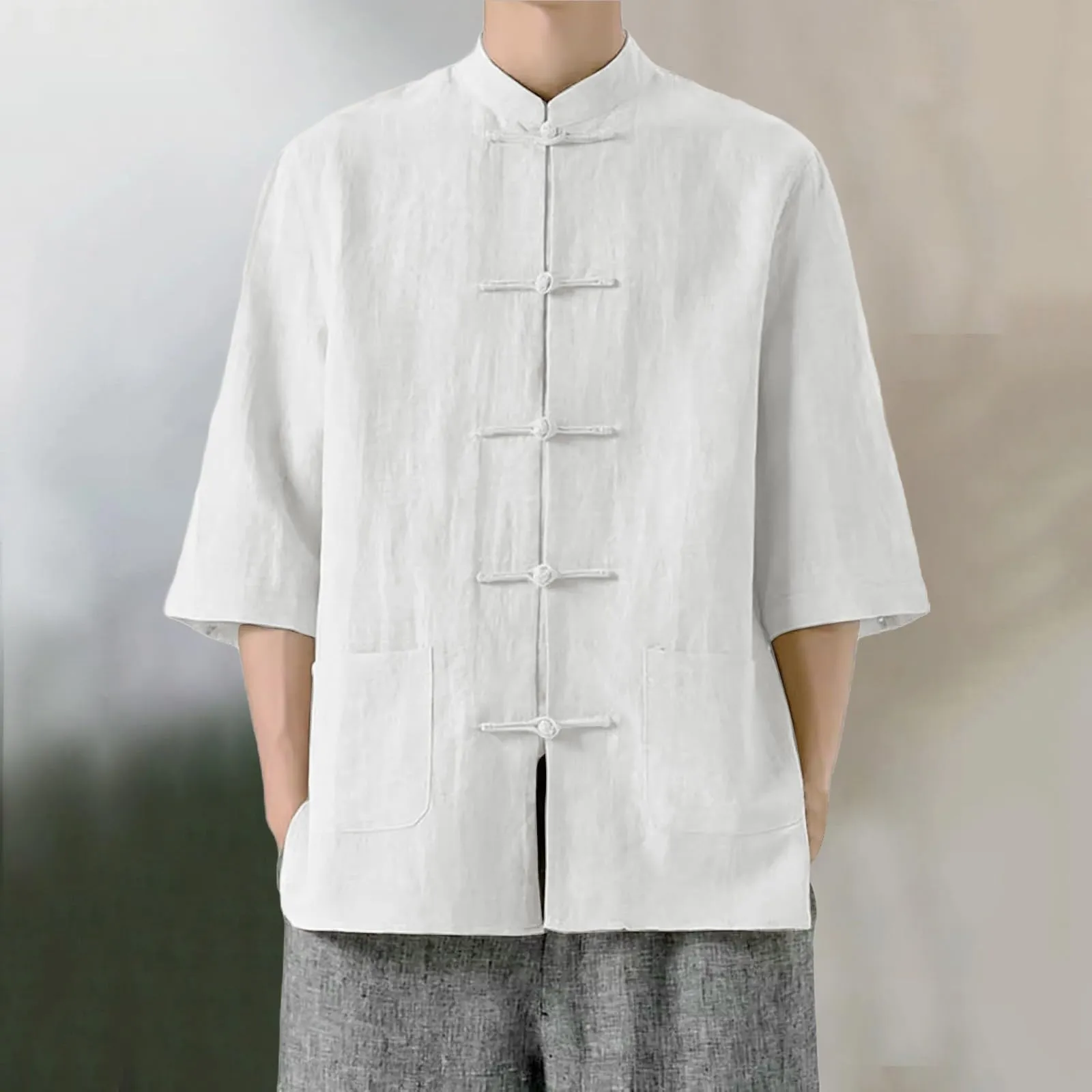 Generico Camicia Uomo Elasticizzata Camicia Lino Coreana Colletto Manica Corta Tradizionale Asiatica Casual Traspirante Ampia vestibilità (White, XL) - immagine 2