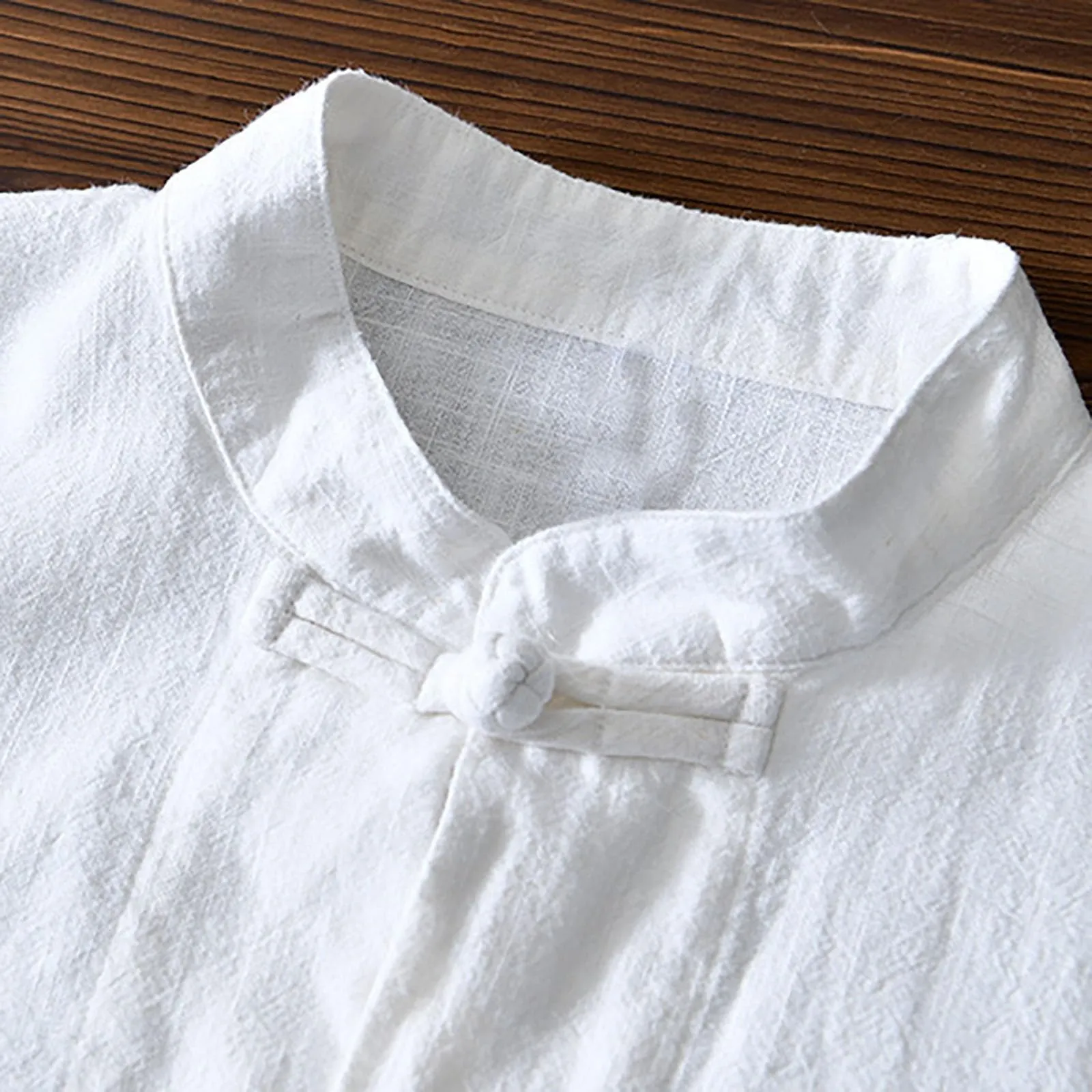 Generico Camicia Uomo Elasticizzata Camicia Lino Coreana Colletto Manica Corta Tradizionale Asiatica Casual Traspirante Ampia vestibilità (White, XL) - immagine 4