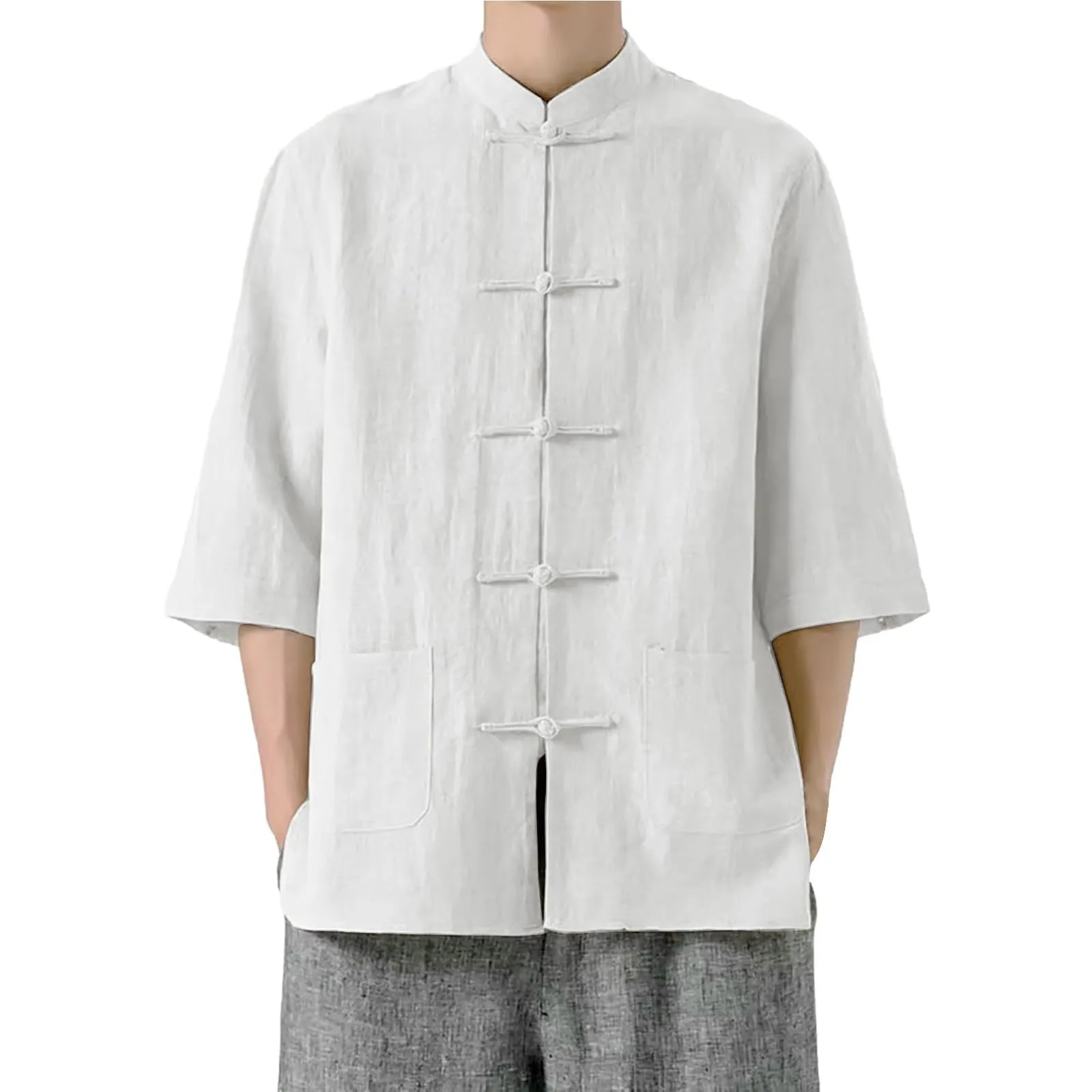 Generico Camicia Righe Uomo Camicia Lino Coreana Colletto Manica Corta Tradizionale Asiatica Casual Traspirante Ampia vestibilità (White, XXL) - immagine 1