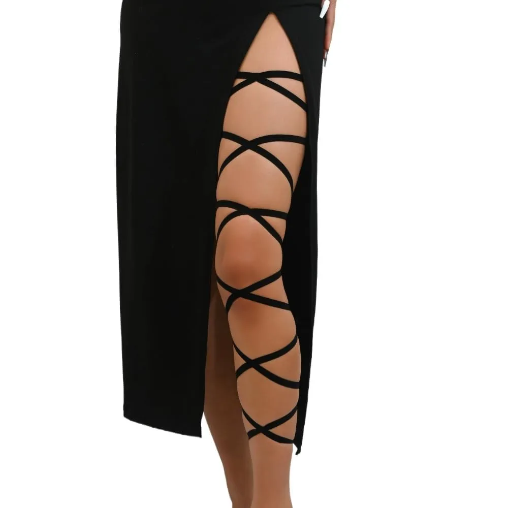 Sekexi Nero Elastico Leg Wraps Rave Sexy Coscia Giarrettiera Cinghie per le Gambe Accessori Costume Calze Esotiche Donne Cosplay Halloween, Nero (2 pezzi), taglia unica - immagine 2