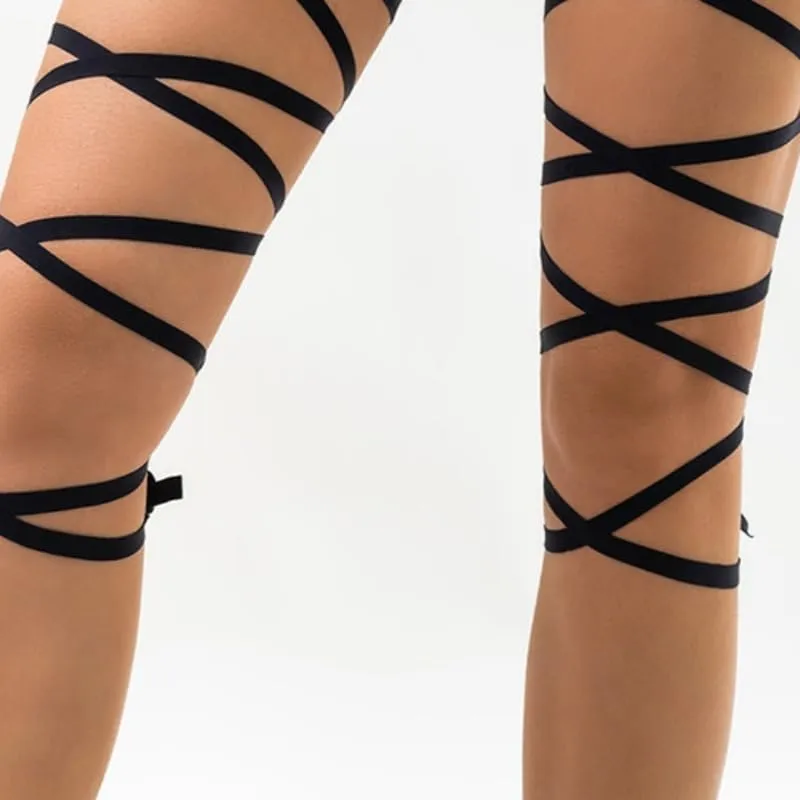 Sekexi Nero Elastico Leg Wraps Rave Sexy Coscia Giarrettiera Cinghie per le Gambe Accessori Costume Calze Esotiche Donne Cosplay Halloween, Nero (2 pezzi), taglia unica - immagine 4