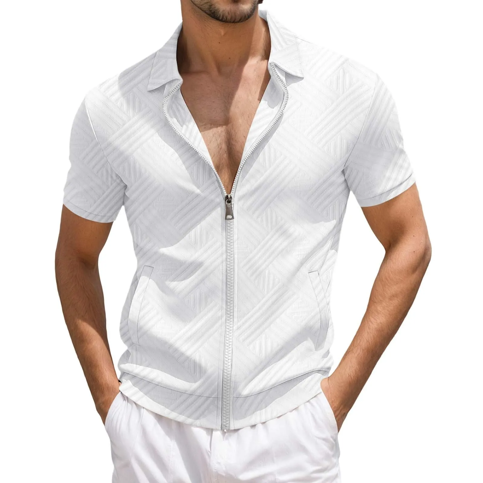 POIUIYQA Maglia Uomo Casual a Maniche Corte Leggero e Traspirante,Comodo Elegante,Camicia Estiva Casual da Esterno con Cerniera, Maniche Corte, Maglia a Maglia con Motivo Jacquard,Vestibilità Ampia - immagine 1