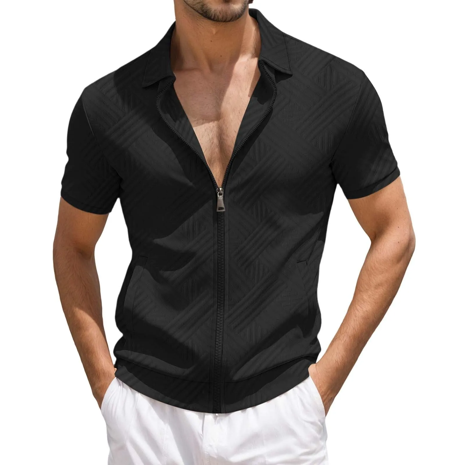 POIUIYQA Maglia Uomo Casual a Maniche Corte Leggero e Traspirante,Comodo Elegante,Camicia Estiva Casual da Esterno con Cerniera, Maniche Corte, Maglia a Maglia con Motivo Jacquard,Vestibilità Ampia - immagine 1