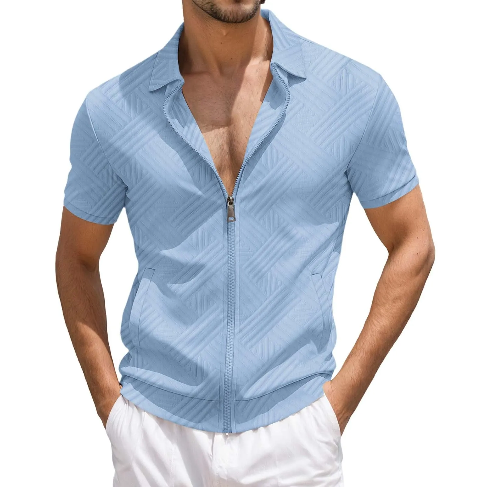 POIUIYQA Maglia Uomo Casual a Maniche Corte Leggero e Traspirante,Comodo Elegante,Camicia Estiva Casual da Esterno con Cerniera, Maniche Corte, Maglia a Maglia con Motivo Jacquard,Vestibilità Ampia - immagine 1