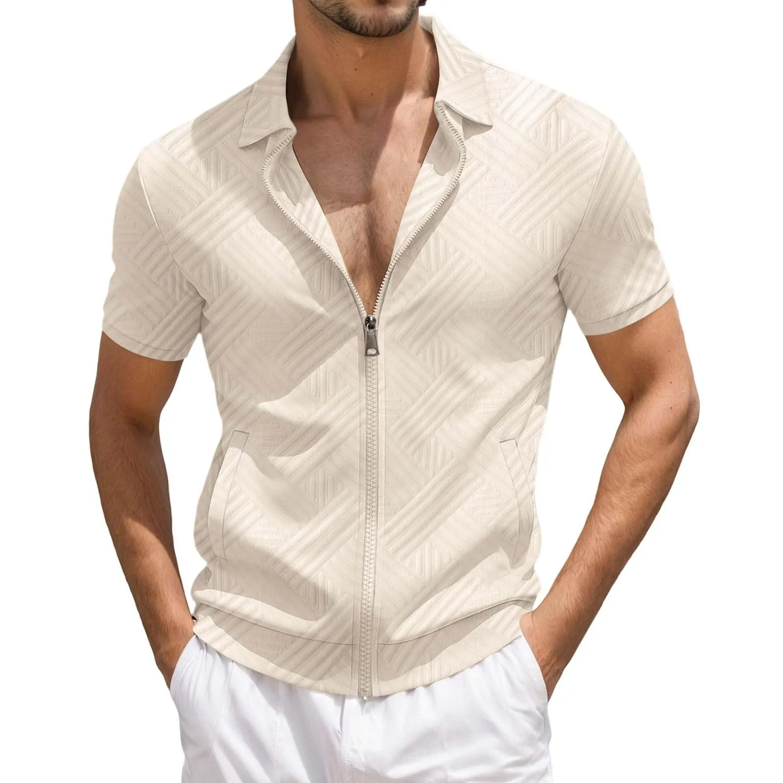 POIUIYQA Maglia Uomo Casual a Maniche Corte Leggero e Traspirante,Comodo Elegante,Camicia Estiva Casual da Esterno con Cerniera, Maniche Corte, Maglia a Maglia con Motivo Jacquard,Vestibilità Ampia - immagine 1