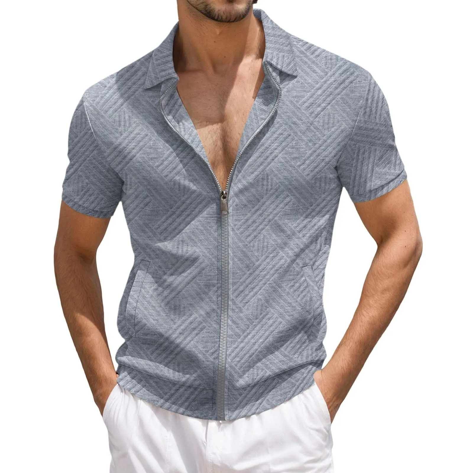 POIUIYQA Maglia Uomo Casual a Maniche Corte Leggero e Traspirante,Comodo Elegante,Camicia Estiva Casual da Esterno con Cerniera, Maniche Corte, Maglia a Maglia con Motivo Jacquard,Vestibilità Ampia - immagine 1