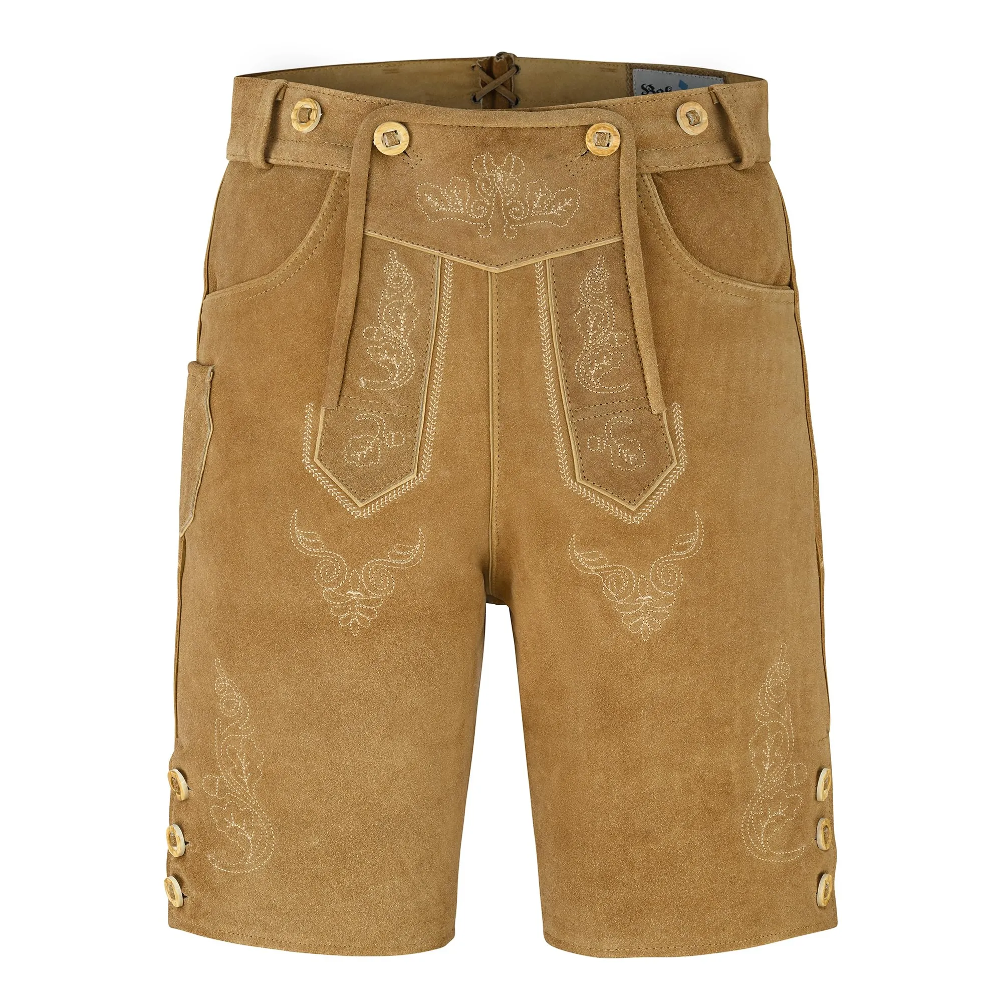 Bohmberg Pantaloni di Pelle bavaresi Corti Uomo con abbottonatura Laterale, Marrone Chiaro, Taglia 48 - immagine 5