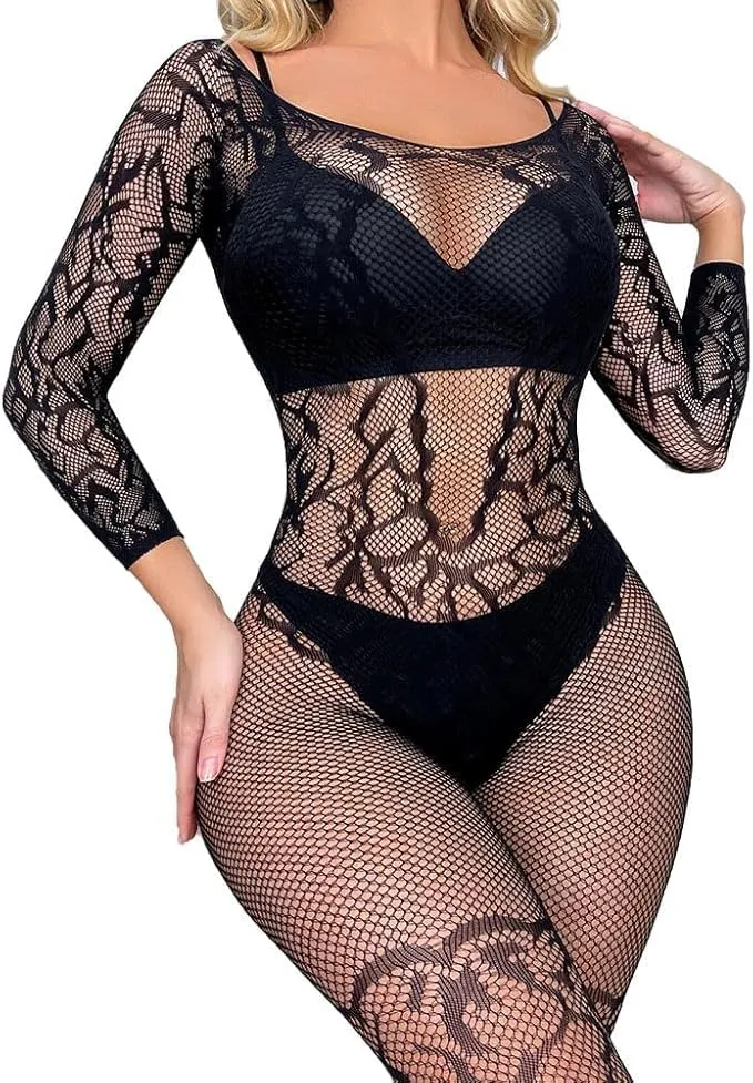 SDFWGG Bodystocking Donna Catsuit Lingerie Body Collant Tuta Intera a Rete Traforata con Maniche Lunghe Aderente Tuta Fishnet Lingerie Sensuale Elasticizzata per Serate Speciali (E) - immagine 1