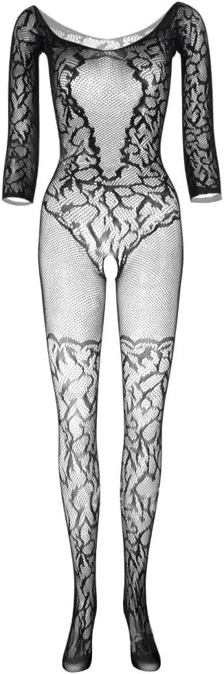 SDFWGG Bodystocking Donna Catsuit Lingerie Body Collant Tuta Intera a Rete Traforata con Maniche Lunghe Aderente Tuta Fishnet Lingerie Sensuale Elasticizzata per Serate Speciali (E) - immagine 5