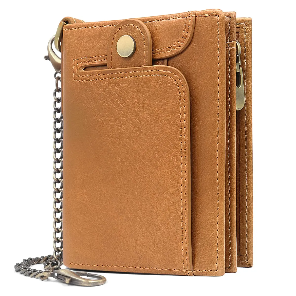 REETEE Portafoglio Uomo Blocco RFID Vera Pelle Piccolo Portafogli con Catena, portamonete uomo con cerniera, 14 Porta Carte di Credito, Portafoglio da Uomo Slim con Confezione Regalo (Marrone) - immagine 1