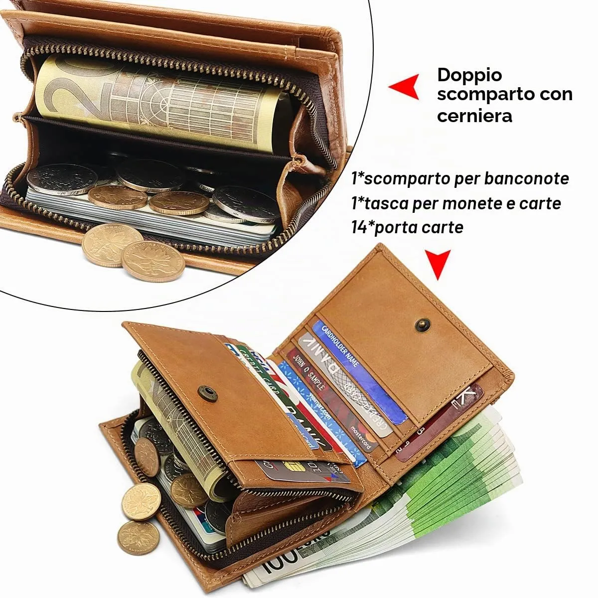 REETEE Portafoglio Uomo Blocco RFID Vera Pelle Piccolo Portafogli con Catena, portamonete uomo con cerniera, 14 Porta Carte di Credito, Portafoglio da Uomo Slim con Confezione Regalo (Marrone) - immagine 2