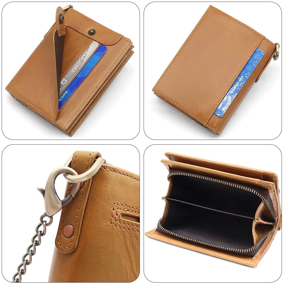 REETEE Portafoglio Uomo Blocco RFID Vera Pelle Piccolo Portafogli con Catena, portamonete uomo con cerniera, 14 Porta Carte di Credito, Portafoglio da Uomo Slim con Confezione Regalo (Marrone) - immagine 3