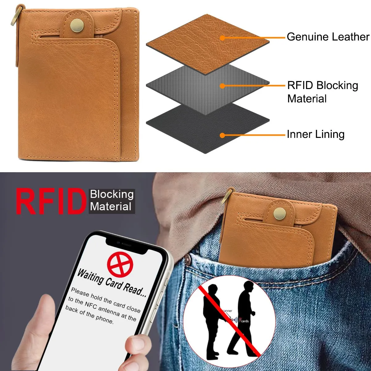 REETEE Portafoglio Uomo Blocco RFID Vera Pelle Piccolo Portafogli con Catena, portamonete uomo con cerniera, 14 Porta Carte di Credito, Portafoglio da Uomo Slim con Confezione Regalo (Marrone) - immagine 4