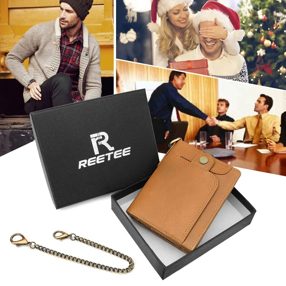 REETEE Portafoglio Uomo Blocco RFID Vera Pelle Piccolo Portafogli con Catena, portamonete uomo con cerniera, 14 Porta Carte di Credito, Portafoglio da Uomo Slim con Confezione Regalo (Marrone) - immagine 7