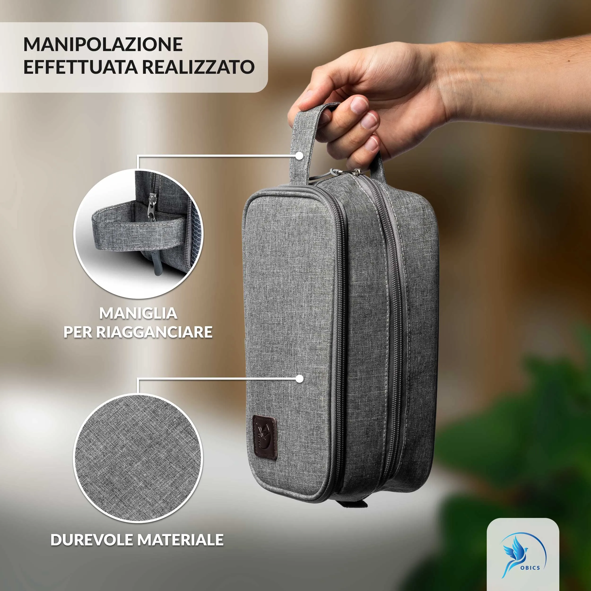 Obics® Beauty case da viaggio per uomo e donna 3L piccolo grigio - Borsa da toilette e trousse da appendere con manico appeso - Sacchetto per cosmetici e toiletry per viaggi e campeggio 4 scomparti - immagine 2