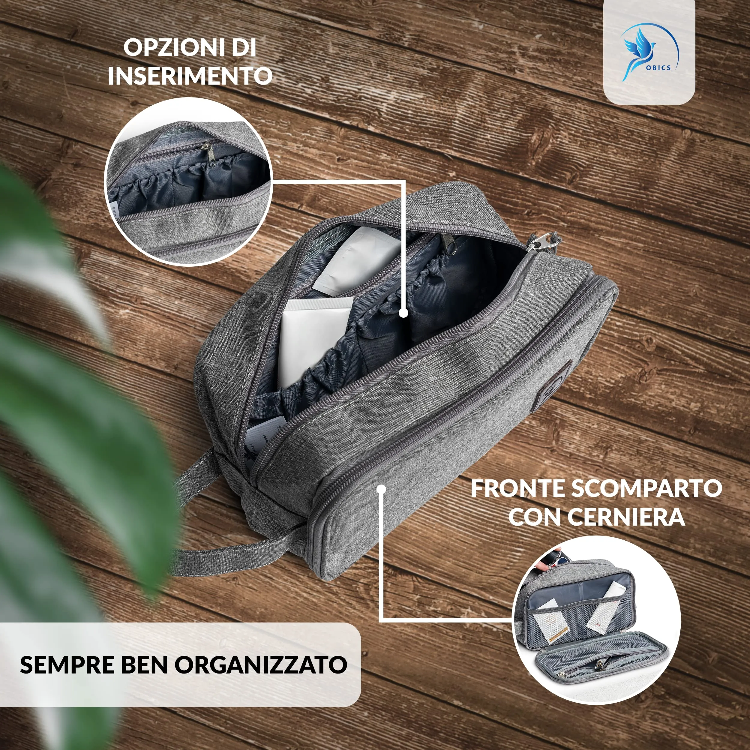 Obics® Beauty case da viaggio per uomo e donna 3L piccolo grigio - Borsa da toilette e trousse da appendere con manico appeso - Sacchetto per cosmetici e toiletry per viaggi e campeggio 4 scomparti - immagine 3