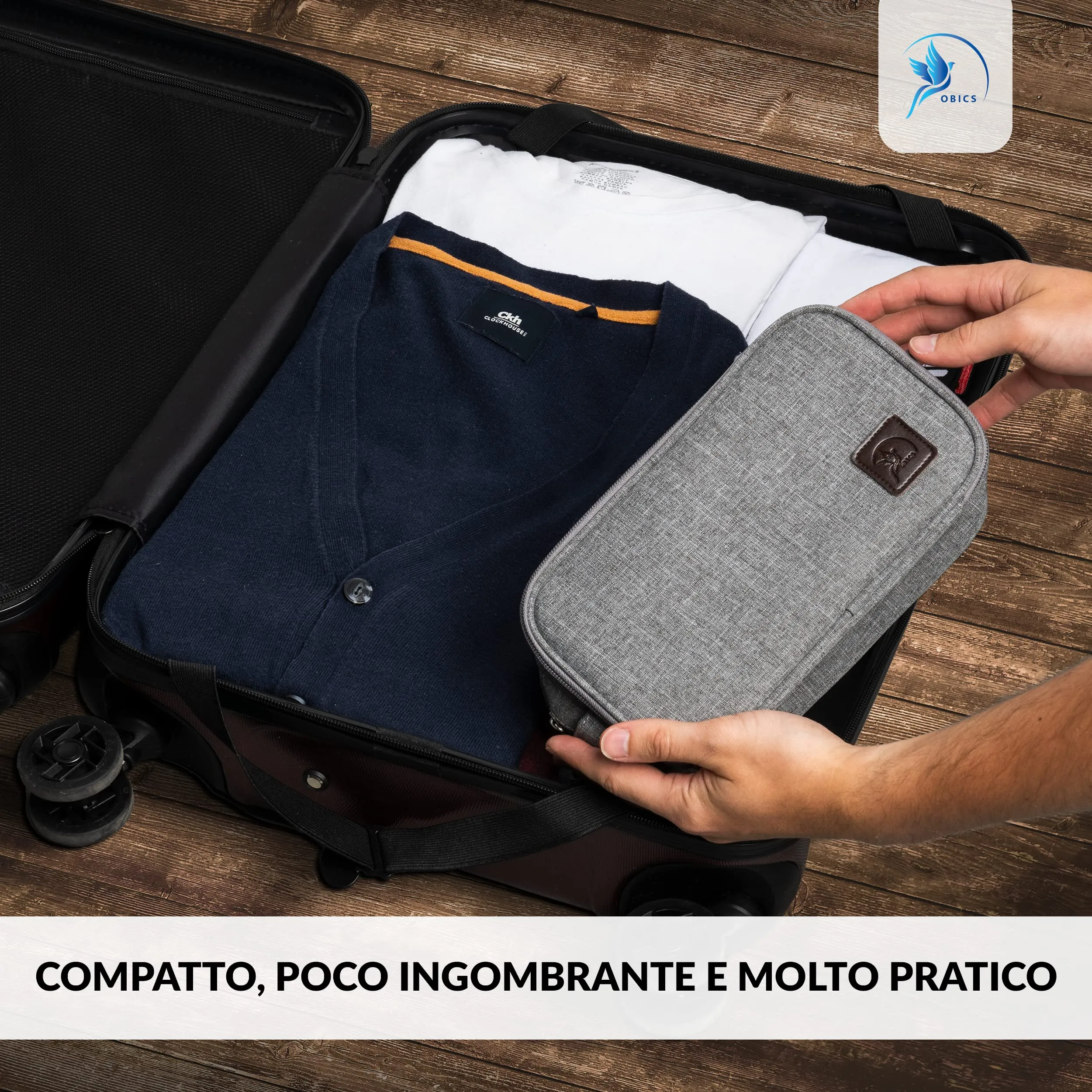 Obics® Beauty case da viaggio per uomo e donna 3L piccolo grigio - Borsa da toilette e trousse da appendere con manico appeso - Sacchetto per cosmetici e toiletry per viaggi e campeggio 4 scomparti - immagine 5