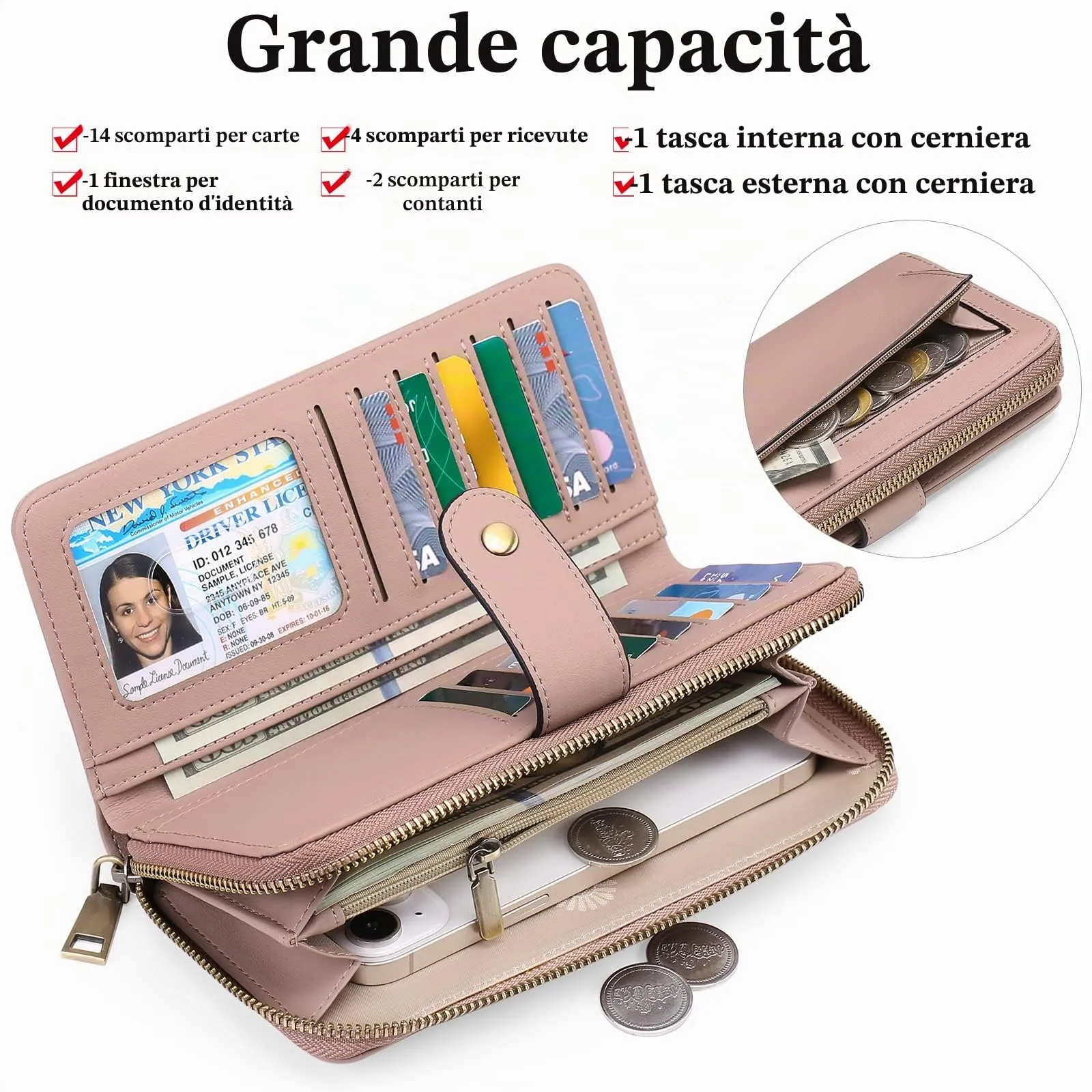GAEKEAO Portafogli da donna in pelle, Portafoglio Donna Grande Lungo con blocco RFID, Portamonete chiusura con cerniera - immagine 2