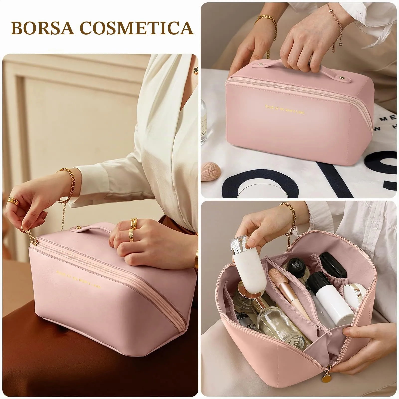 Aucuu Borsa Cosmetica da Viaggio, Beauty Case da Viaggio Donna, Borsa da Viaggio per Cosmetici, Borsa Cosmetica da Donna in Morbida Pelle PU, Borse da Toilette Impermeabile Portatile - immagine 5