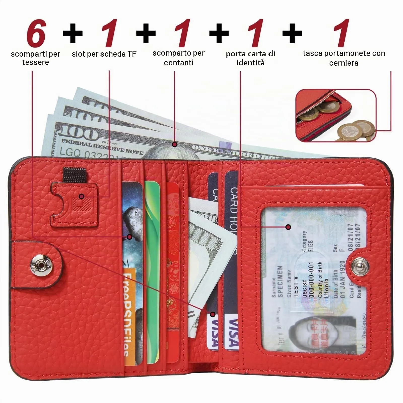 GADIEMKENSD Small Wallet Women Purses RFID Blocking Leather Bi-fold Card Holder with Zip Coin Pocket Stitch Purse for Lanyard Oyster Cards Bus Cards Protector Pouch with Card Cash Slots Red - immagine 2