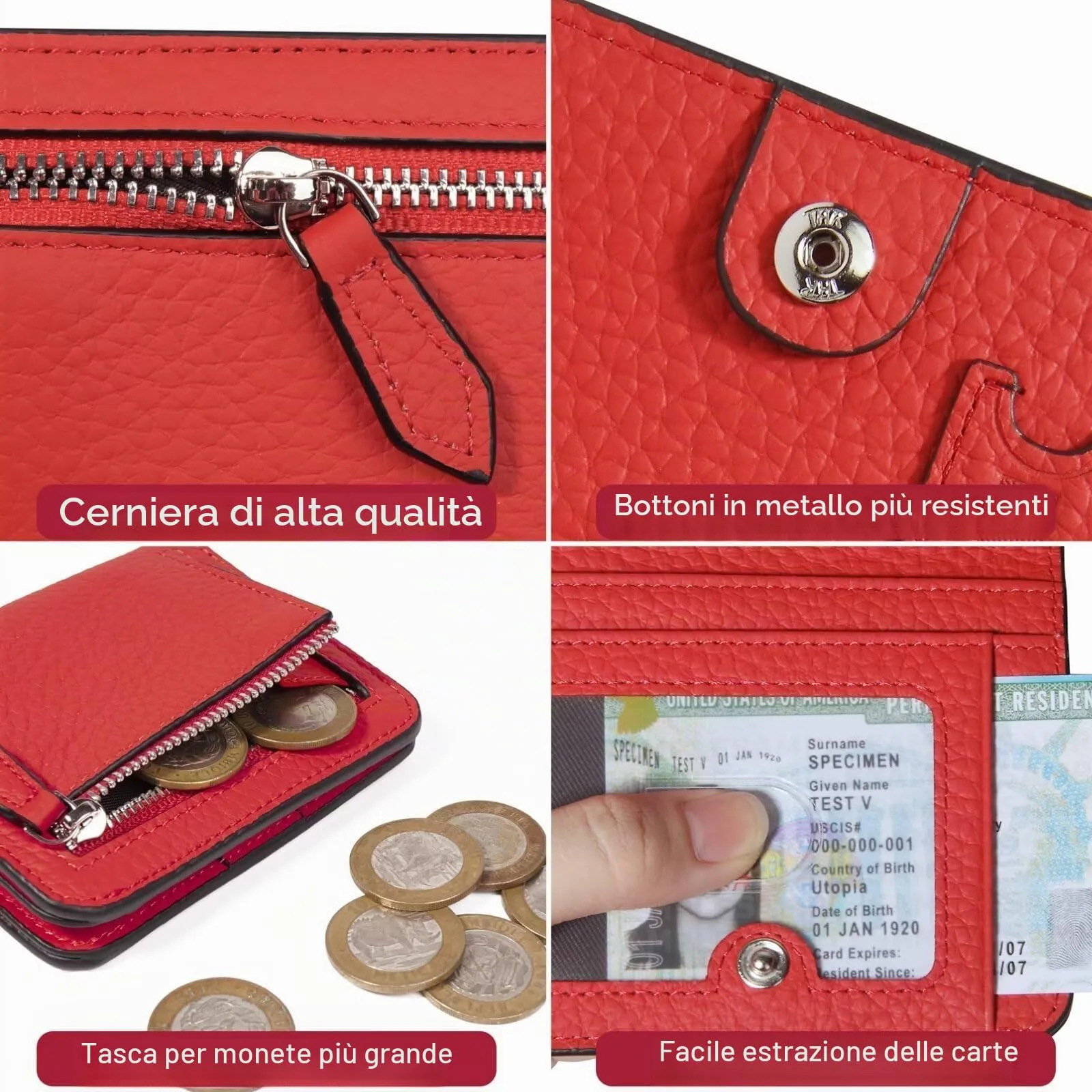 GADIEMKENSD Small Wallet Women Purses RFID Blocking Leather Bi-fold Card Holder with Zip Coin Pocket Stitch Purse for Lanyard Oyster Cards Bus Cards Protector Pouch with Card Cash Slots Red - immagine 6