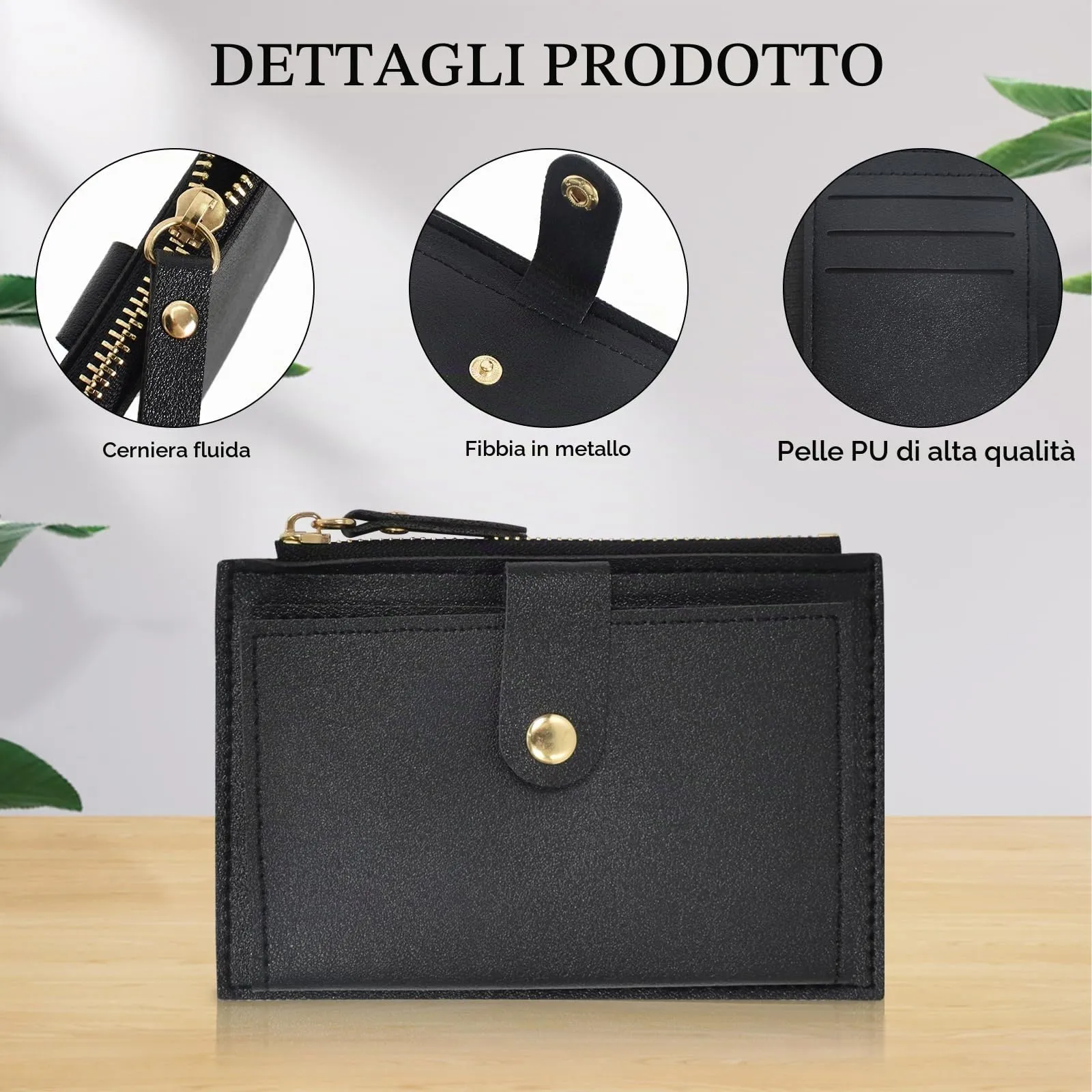 DEARBAG Portafoglio Donna Piccoli, Porta Carte di Credito in Pelle PU, Portamonete con Cerniera, Portafogli Corto Donna, con 6 Slot Schede, per Donnas Ragazza Signore, 14 * 9 * 0.5cm (nero) - immagine 3