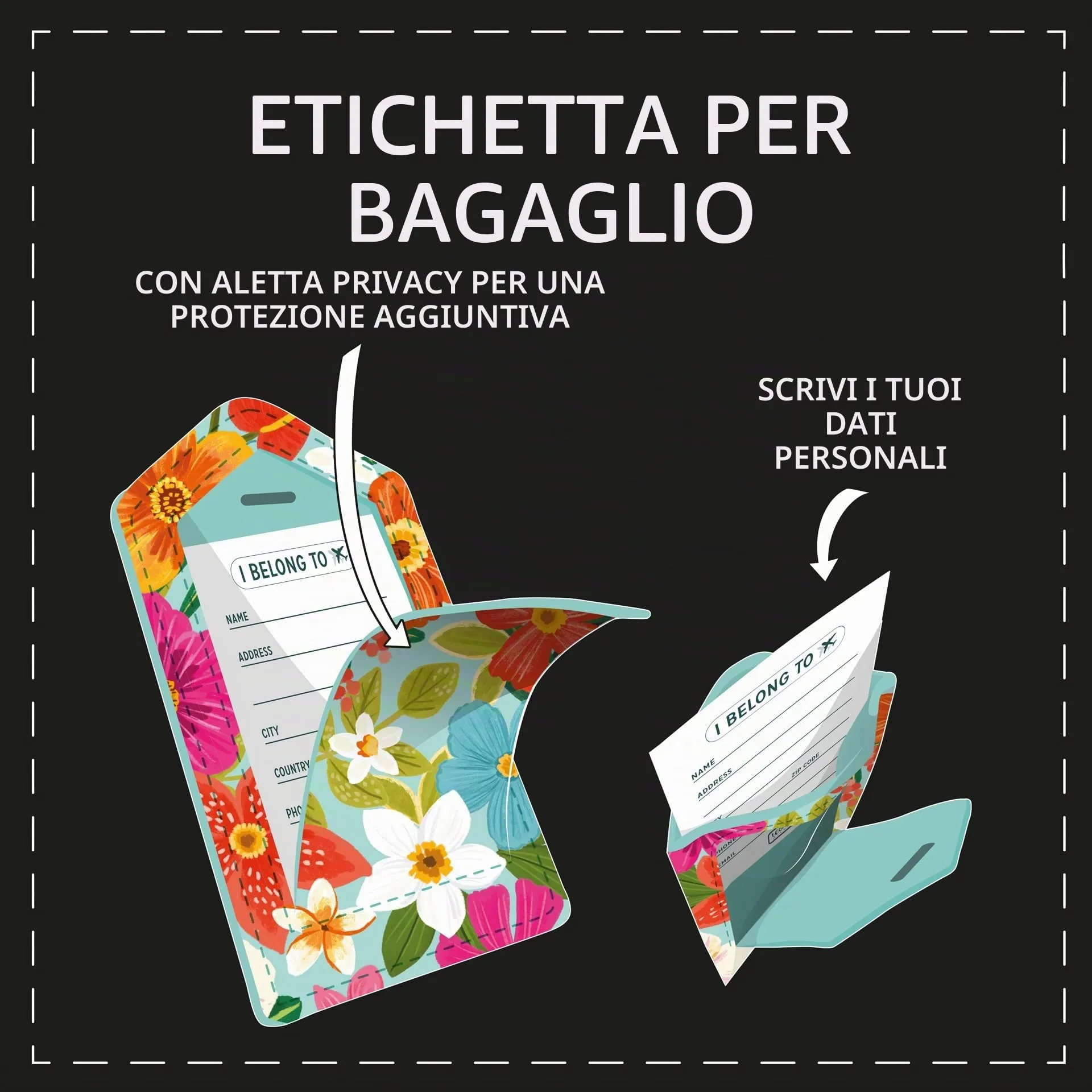 Legami - Etichetta Bagaglio, Luggage Tag per Valigia, Accessorio per Viaggio Aereo Crociera Treno, Tag del Bagaglio per Proteggi Dati in Pelle PU e Microfibra, Flowers - immagine 2