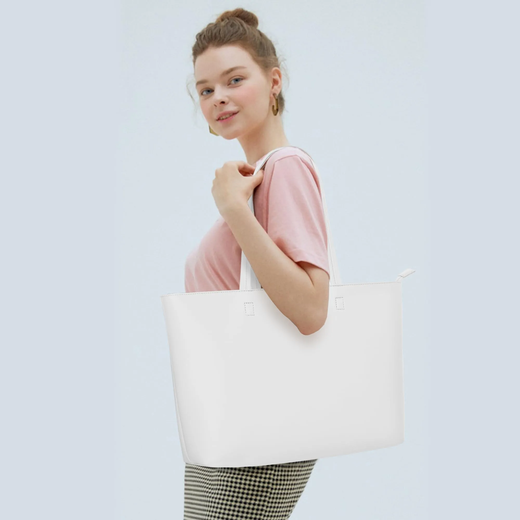 KALIDI, Borsa larga da donna, con cerniera, impermeabile, in poliuretano, per lavoro, scuola, viaggi, uso quotidiano, Bianco-L - immagine 2