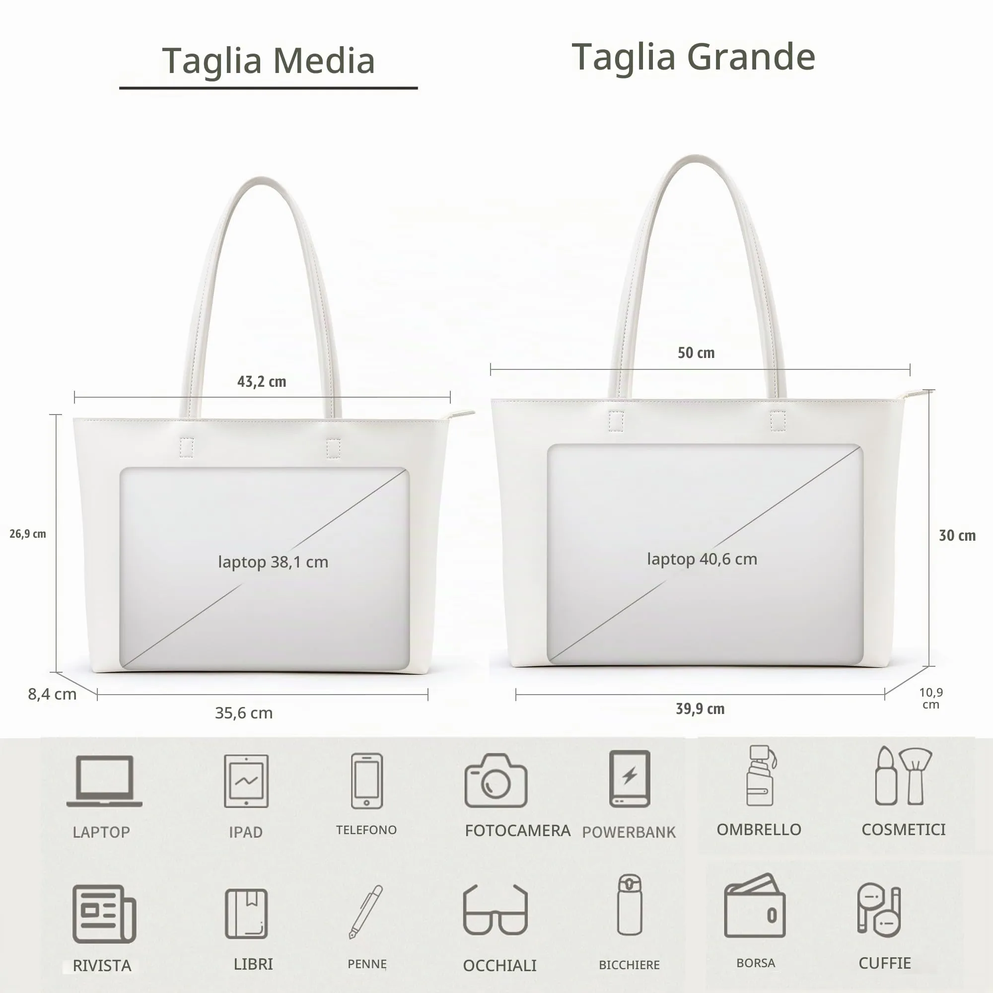 KALIDI, Borsa larga da donna, con cerniera, impermeabile, in poliuretano, per lavoro, scuola, viaggi, uso quotidiano, Bianco-L - immagine 3