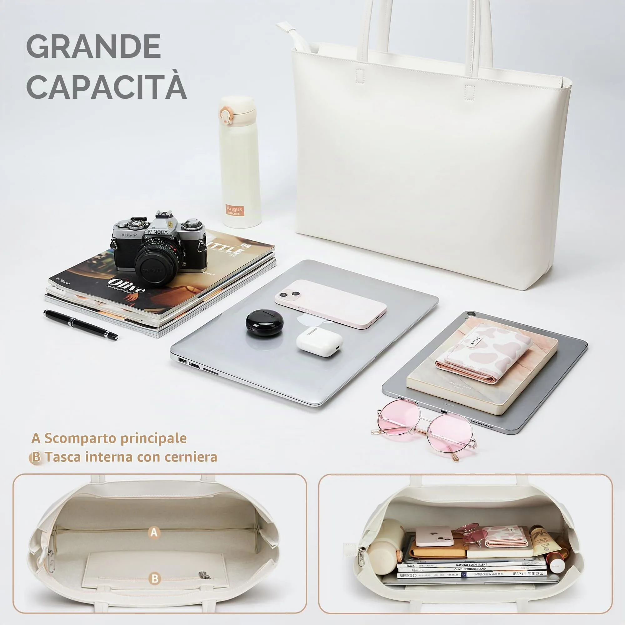 KALIDI, Borsa larga da donna, con cerniera, impermeabile, in poliuretano, per lavoro, scuola, viaggi, uso quotidiano, Bianco-L - immagine 5