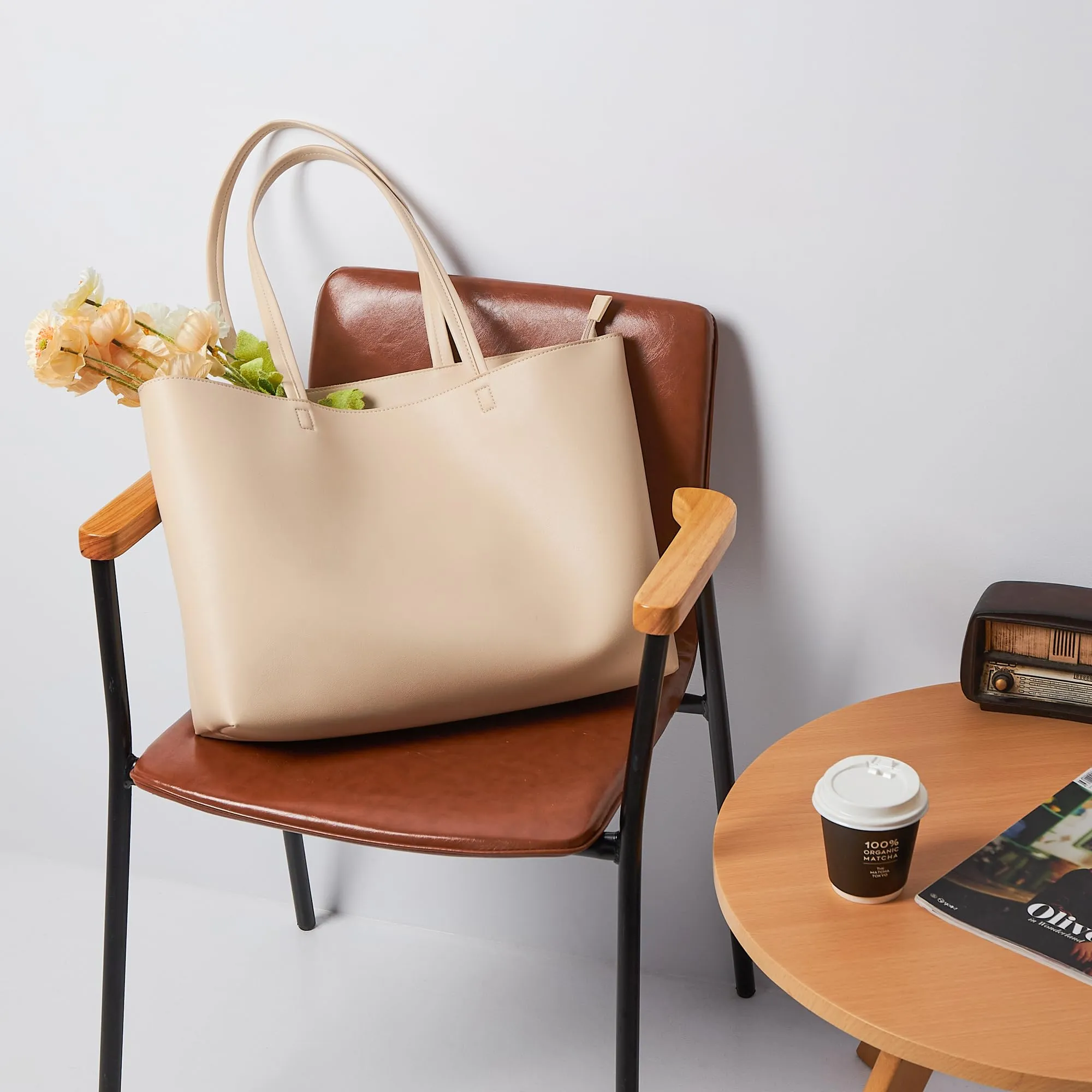 KALIDI, Borsa larga da donna, con cerniera, impermeabile, in poliuretano, per lavoro, scuola, viaggi, uso quotidiano, Bianco-L - immagine 6