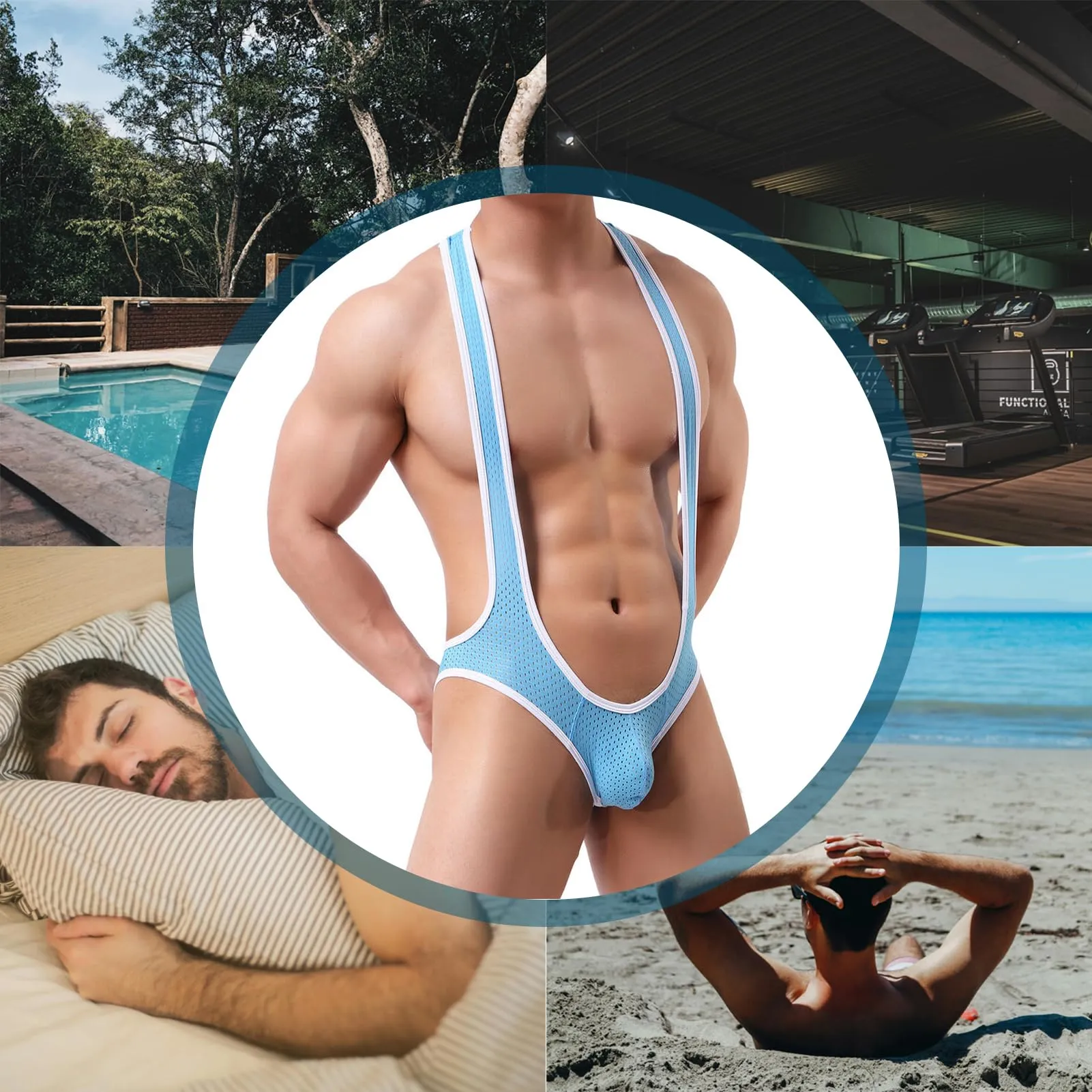 NewBull Borat Mankini Strap Sexy Slip in V Respirant Costume da Bagno Cosplay Body da Festa Pigiama Lingerie Divertente per San Valentino, Blu - immagine 7