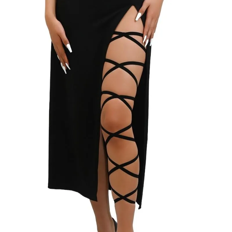 Sekexi Nero Elastico Leg Wraps Rave Sexy Coscia Giarrettiera Cinghie per le Gambe Accessori Costume Calze Esotiche Donne Cosplay Halloween, nero, taglia unica - immagine 6