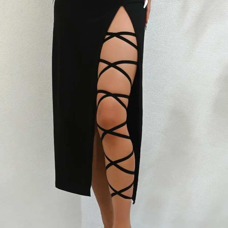 Sekexi Nero Elastico Leg Wraps Rave Sexy Coscia Giarrettiera Cinghie per le Gambe Accessori Costume Calze Esotiche Donne Cosplay Halloween, nero, taglia unica - immagine 8