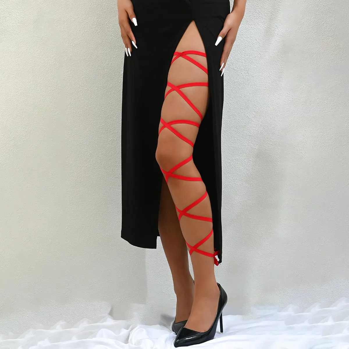 Rosso Elastico Leg Wraps Rave Sexy Coscia Giarrettiera Cinghie Delle Gambe Accessori Costume Calze Esotiche Donna, Rosso, taglia unica - immagine 2