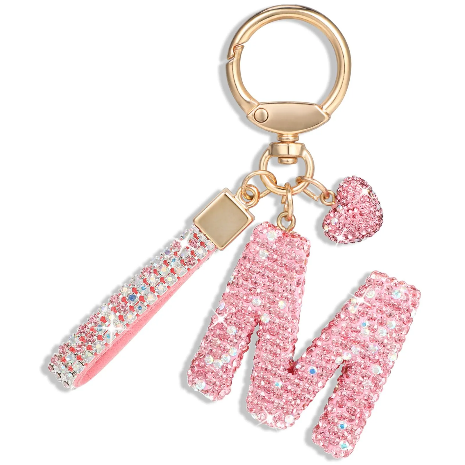 MWOOT Rosa Auto Portachiavi Regalo per Donne Ragazze Iniziale Lettera Portachiavi Carino Bling Ciondolo per Borsa Zaino Borsetta Ciondoli, M - immagine 1