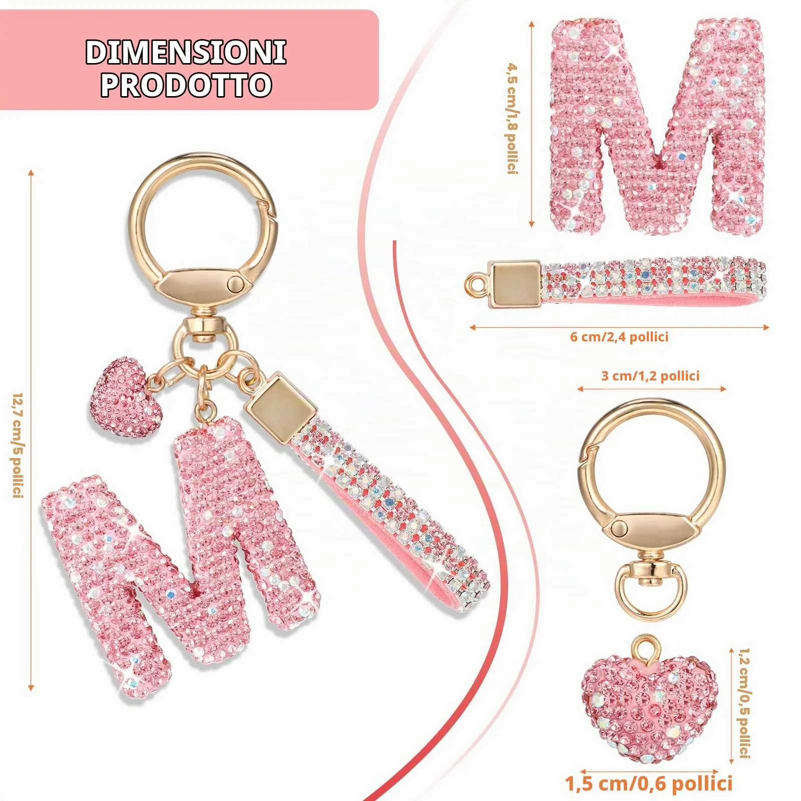 MWOOT Rosa Auto Portachiavi Regalo per Donne Ragazze Iniziale Lettera Portachiavi Carino Bling Ciondolo per Borsa Zaino Borsetta Ciondoli, M - immagine 2