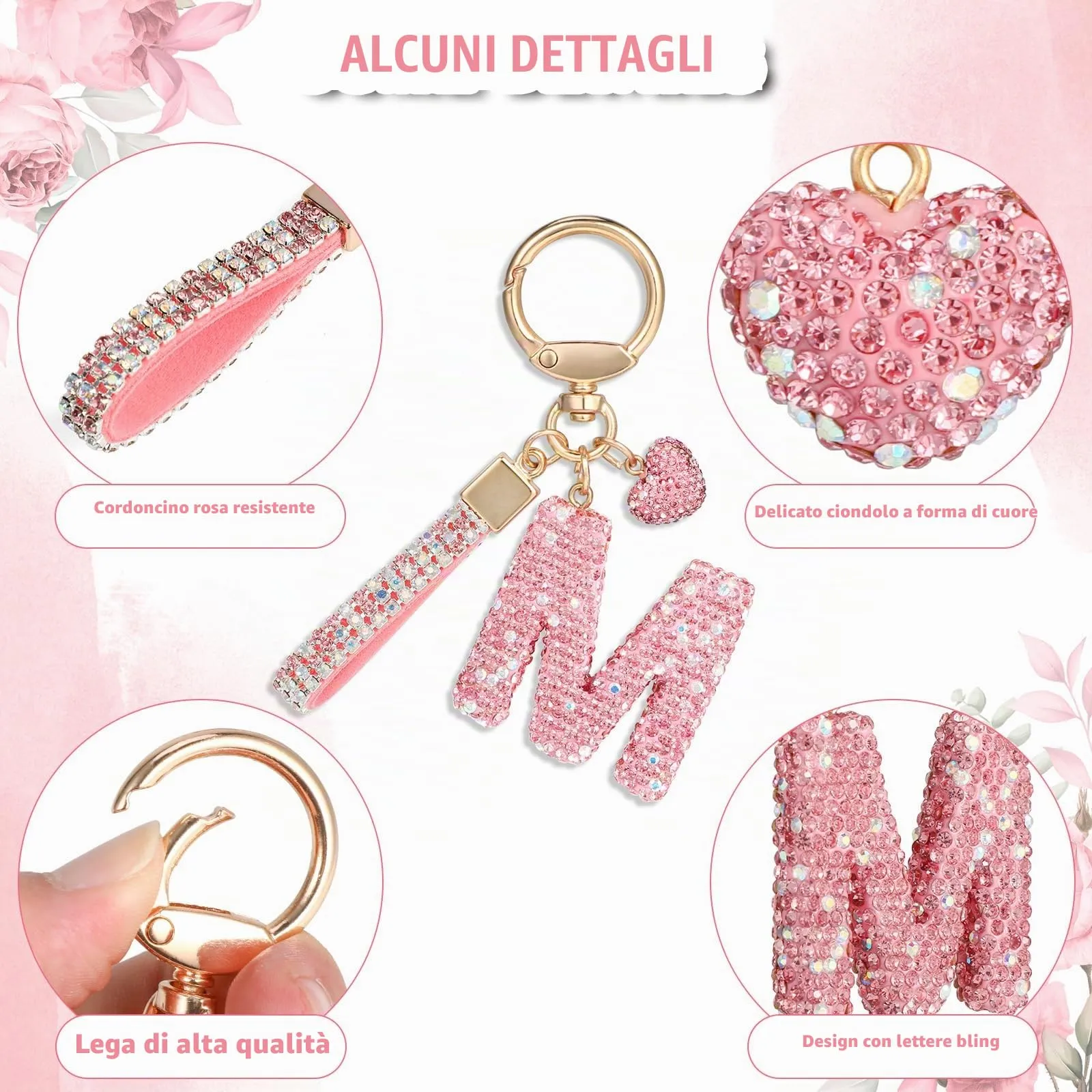 MWOOT Rosa Auto Portachiavi Regalo per Donne Ragazze Iniziale Lettera Portachiavi Carino Bling Ciondolo per Borsa Zaino Borsetta Ciondoli, M - immagine 3