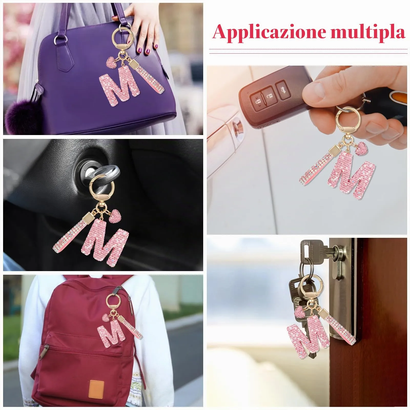 MWOOT Rosa Auto Portachiavi Regalo per Donne Ragazze Iniziale Lettera Portachiavi Carino Bling Ciondolo per Borsa Zaino Borsetta Ciondoli, M - immagine 7