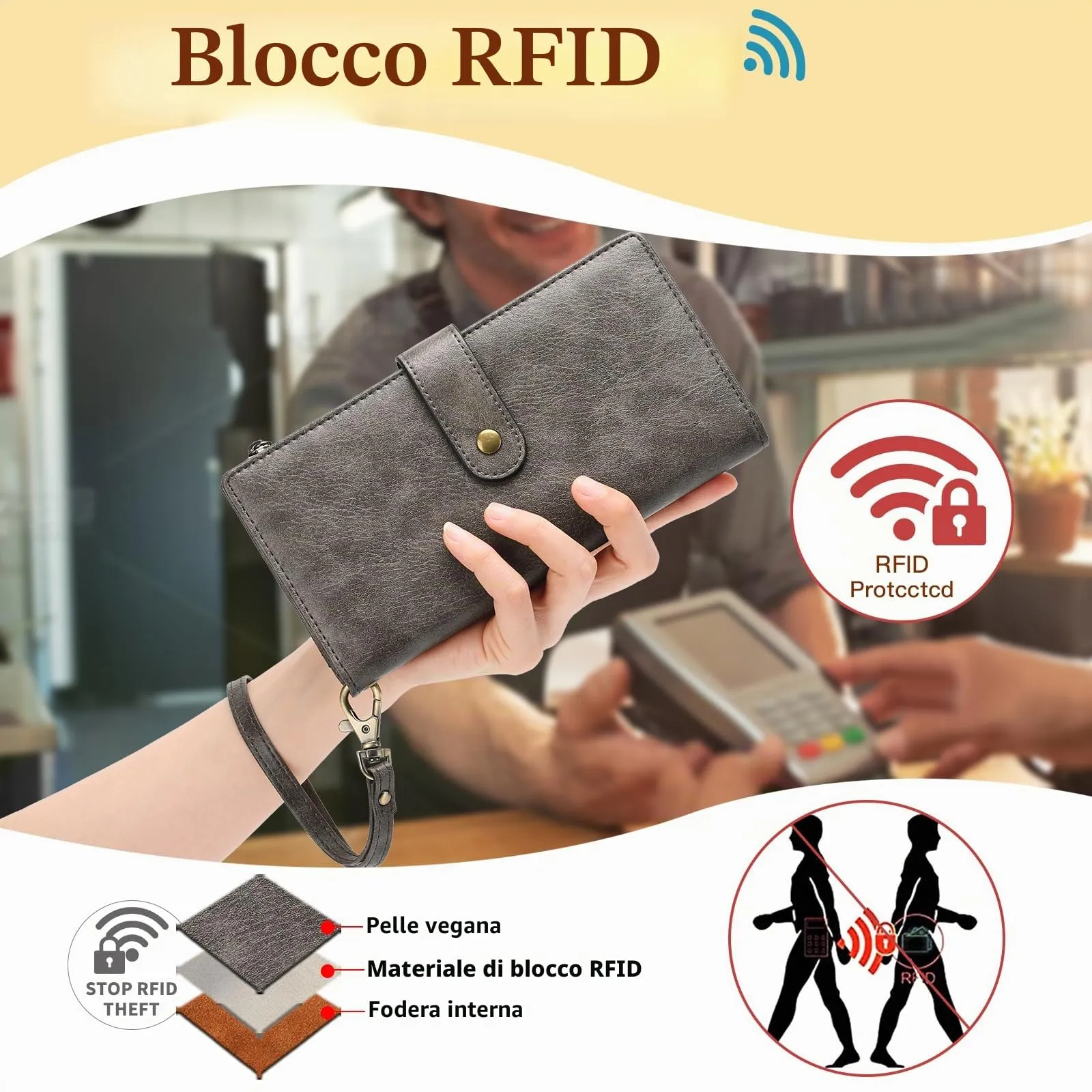 GOIACII Portafoglio Donna in Pelle Blocco RFID Formato Lungo Portafogli Grande Capacità per Carte di Credito con polso - immagine 3
