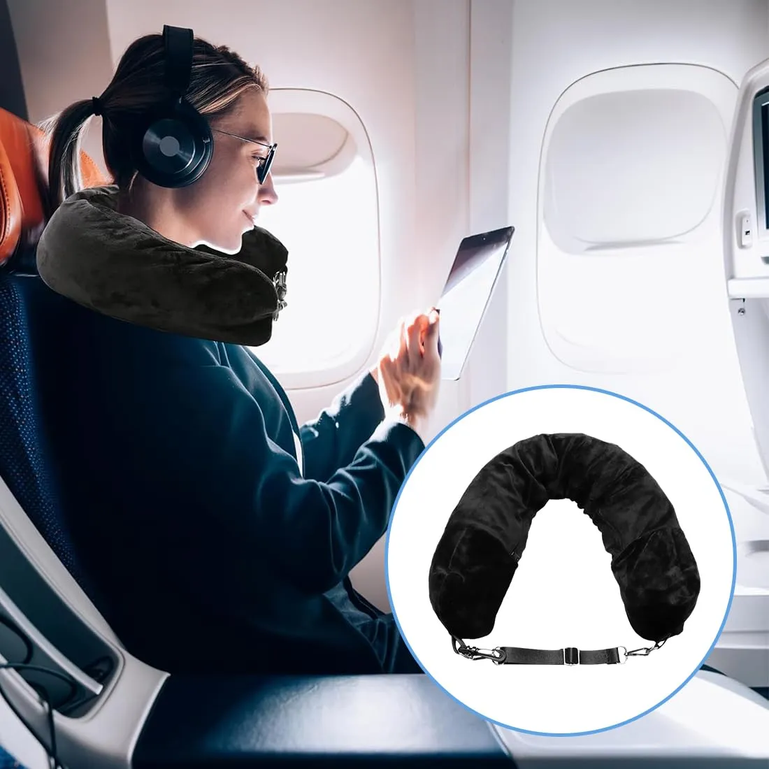 IKOPFLN Cuscino da viaggio riempibile Cuscino da viaggio aereo Cuscino Viaggio Riempibile,Cuscino da Viaggio Multifunzionale a Forma di U per Aereo Colloper Viaggiare in Auto o in Aereo (Nero) - immagine 4