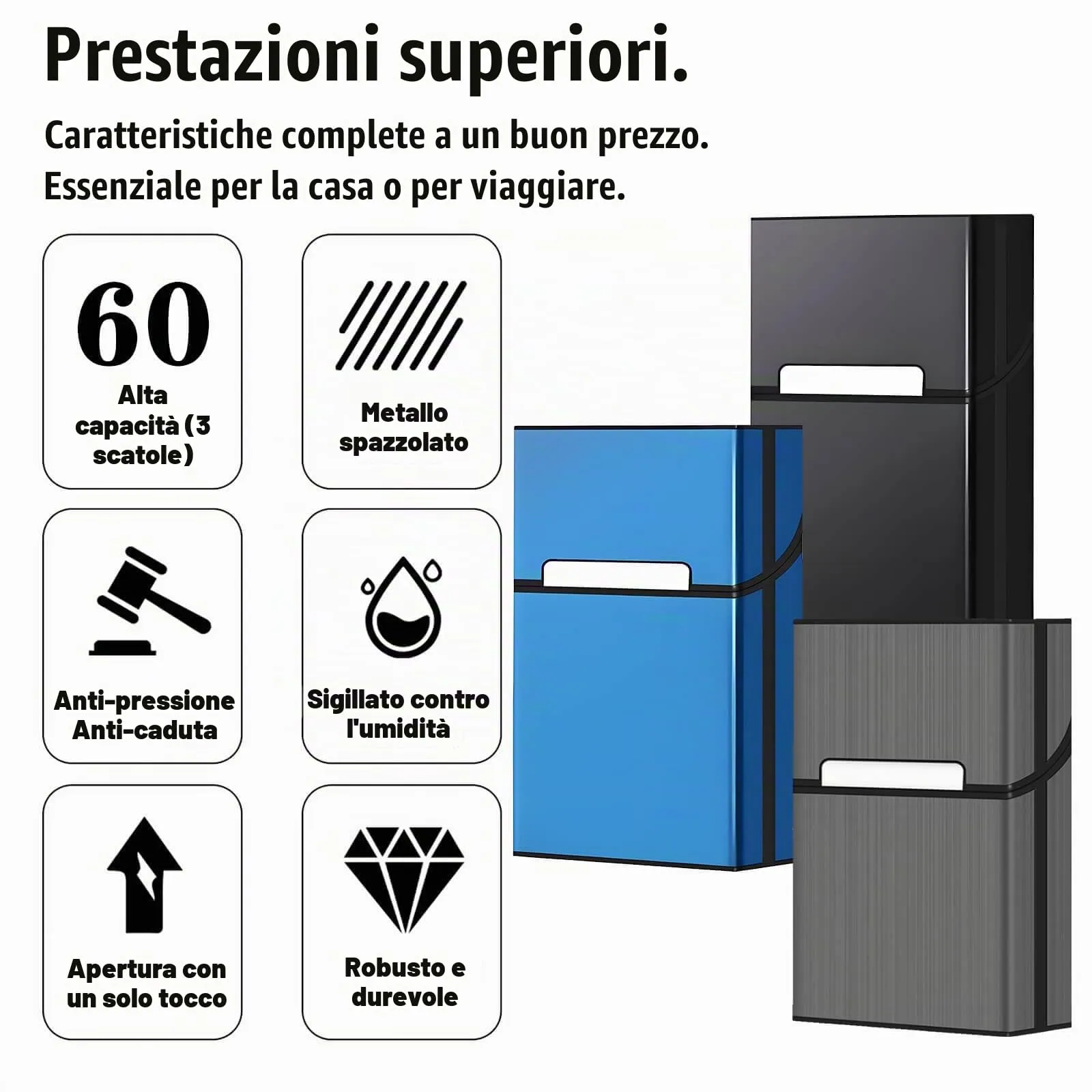 DxxD Portasigarette in Metallo, 3 Pezzi Portasigarette Viaggi Alluminio in Plastica e Alluminio per ca.20 Sigarette, Portasigarette da Uomo da Donna con Coperchio Magnetico (Nero, Grigio, Blu) - immagine 2
