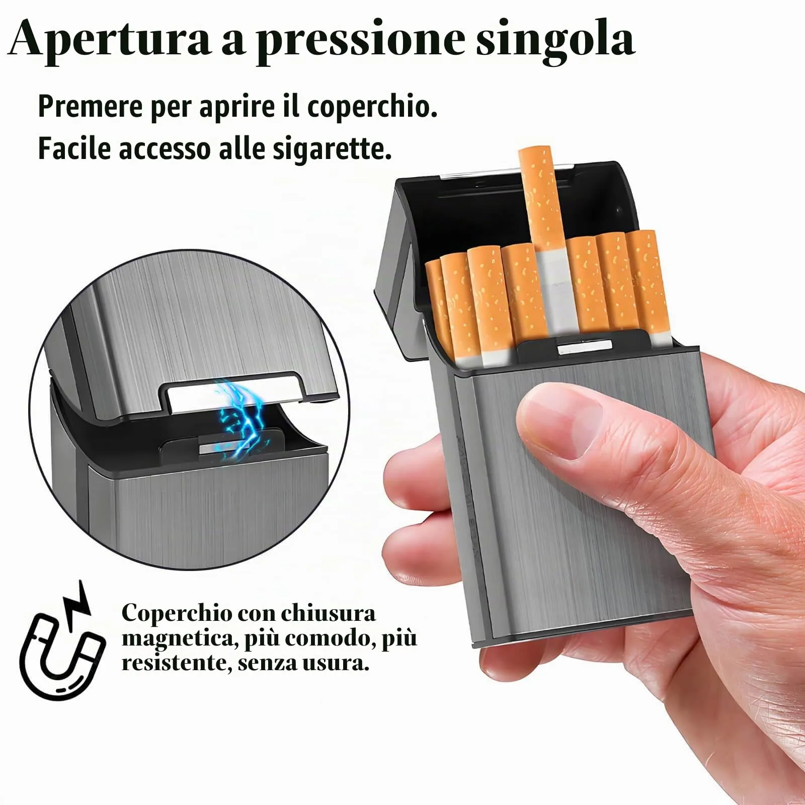 DxxD Portasigarette in Metallo, 3 Pezzi Portasigarette Viaggi Alluminio in Plastica e Alluminio per ca.20 Sigarette, Portasigarette da Uomo da Donna con Coperchio Magnetico (Nero, Grigio, Blu) - immagine 3