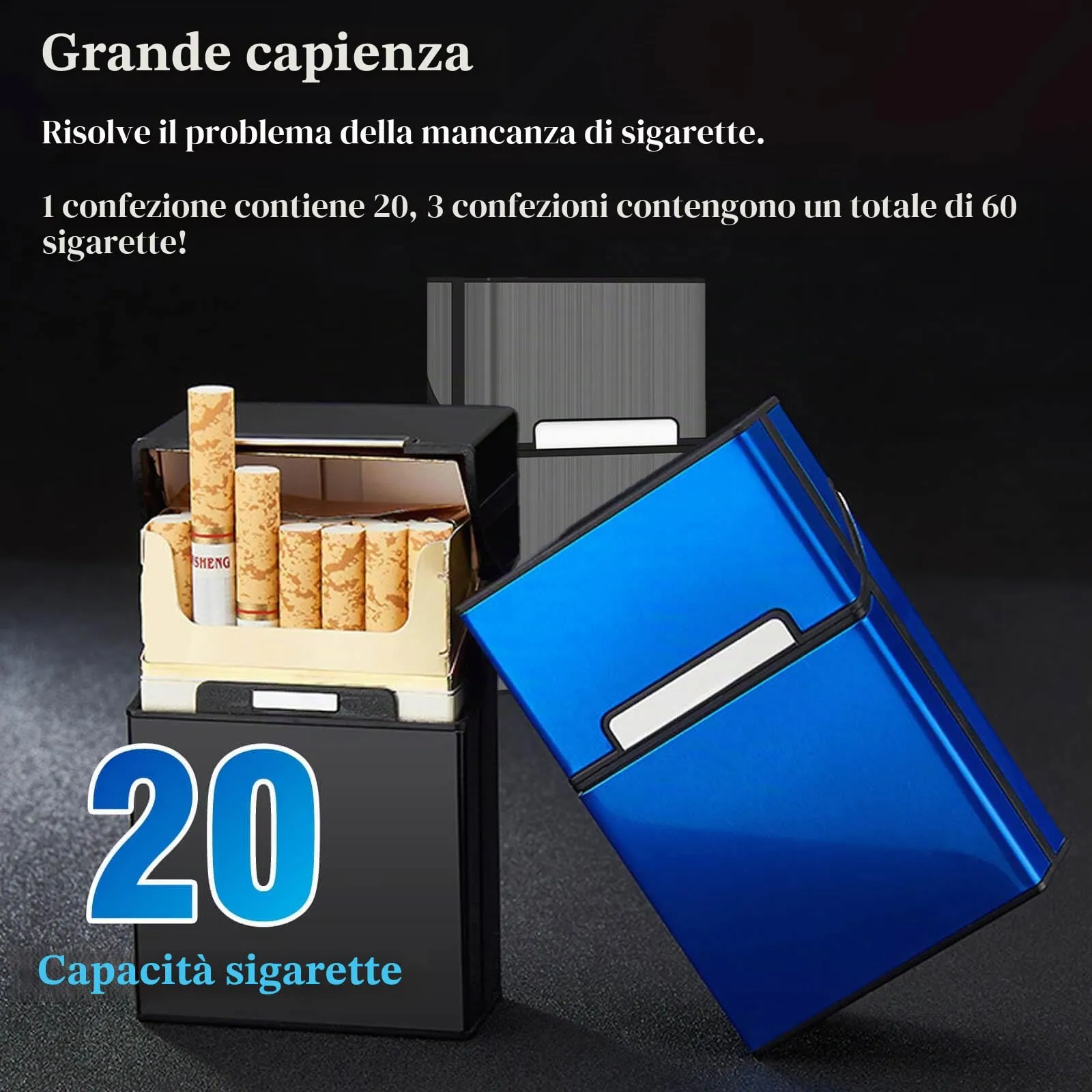 DxxD Portasigarette in Metallo, 3 Pezzi Portasigarette Viaggi Alluminio in Plastica e Alluminio per ca.20 Sigarette, Portasigarette da Uomo da Donna con Coperchio Magnetico (Nero, Grigio, Blu) - immagine 5