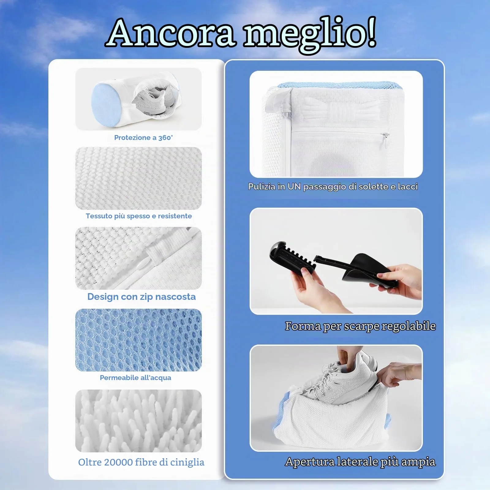 Teletrogy 2 Pezzi Sacchetti Scarpe Lavatrice Con Tendiscarpe Regolabili, Pulizia A 360° Tutto Campo, Riutilizzabile E Anti-Deformazione Per Lava Scarpe Lavatrice Con Cerniera Nascosta, Bianco - immagine 4